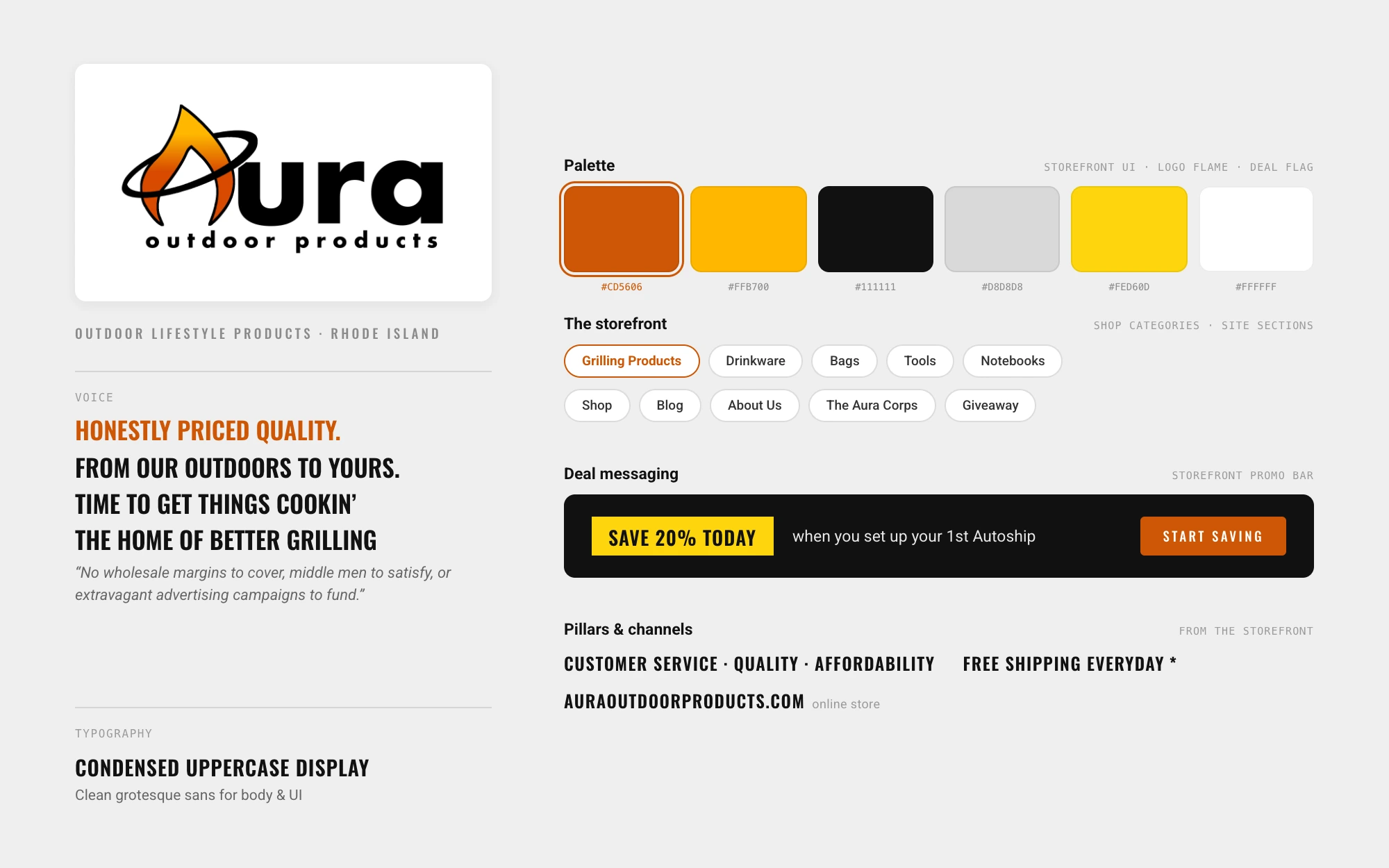 Aura Outdoor Products brand system sheet: the real flame logo, voice lines, palette swatches with hex values, shop categories, and the Save 20% Today promo bar