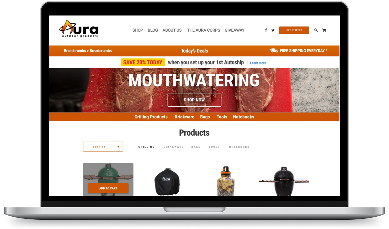 MacBook mockup showing the Aura Outdoor Products Product Collections page