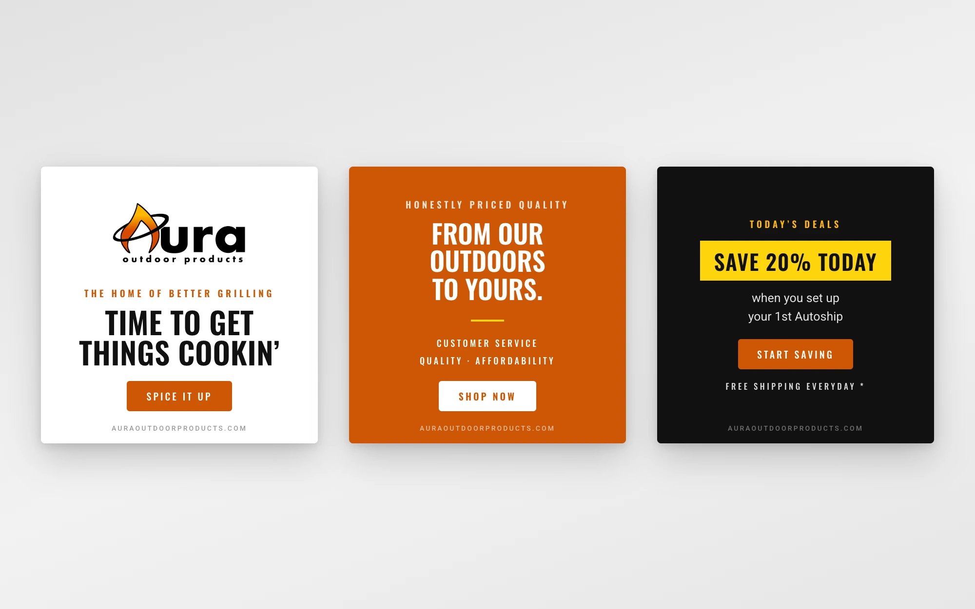 Three square social post templates in the Aura brand: 'Time to Get Things Cookin'' with the logo, 'From Our Outdoors to Yours' on burnt orange, and 'Save 20% Today' deal post on black