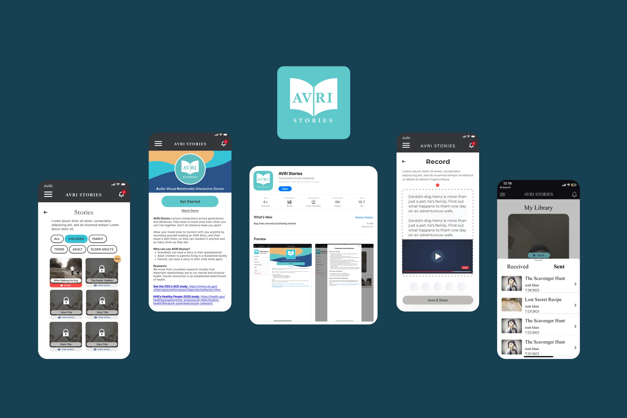 AVRI Stories marketing hero collage with app screens and App Store listing
