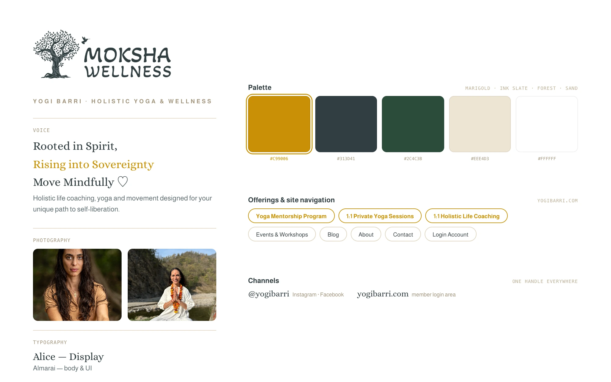 Yogi Barri brand system sheet: the Moksha Wellness tree-and-hummingbird logo, voice lines, brand photography, a marigold, ink slate, forest and sand palette with hex values, Alice and Almarai typography spec, and offering and navigation chips