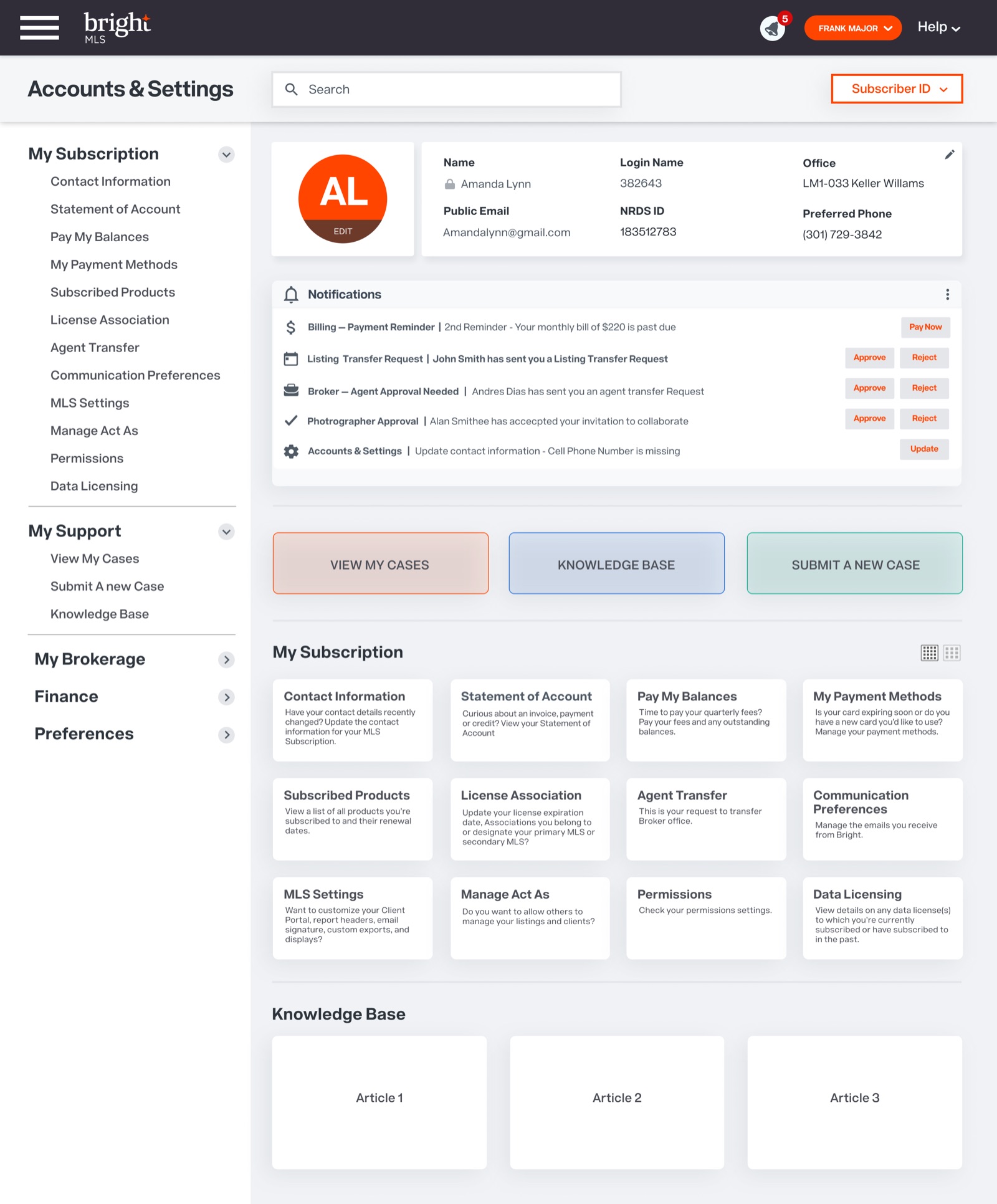 Account Settings Landing Page