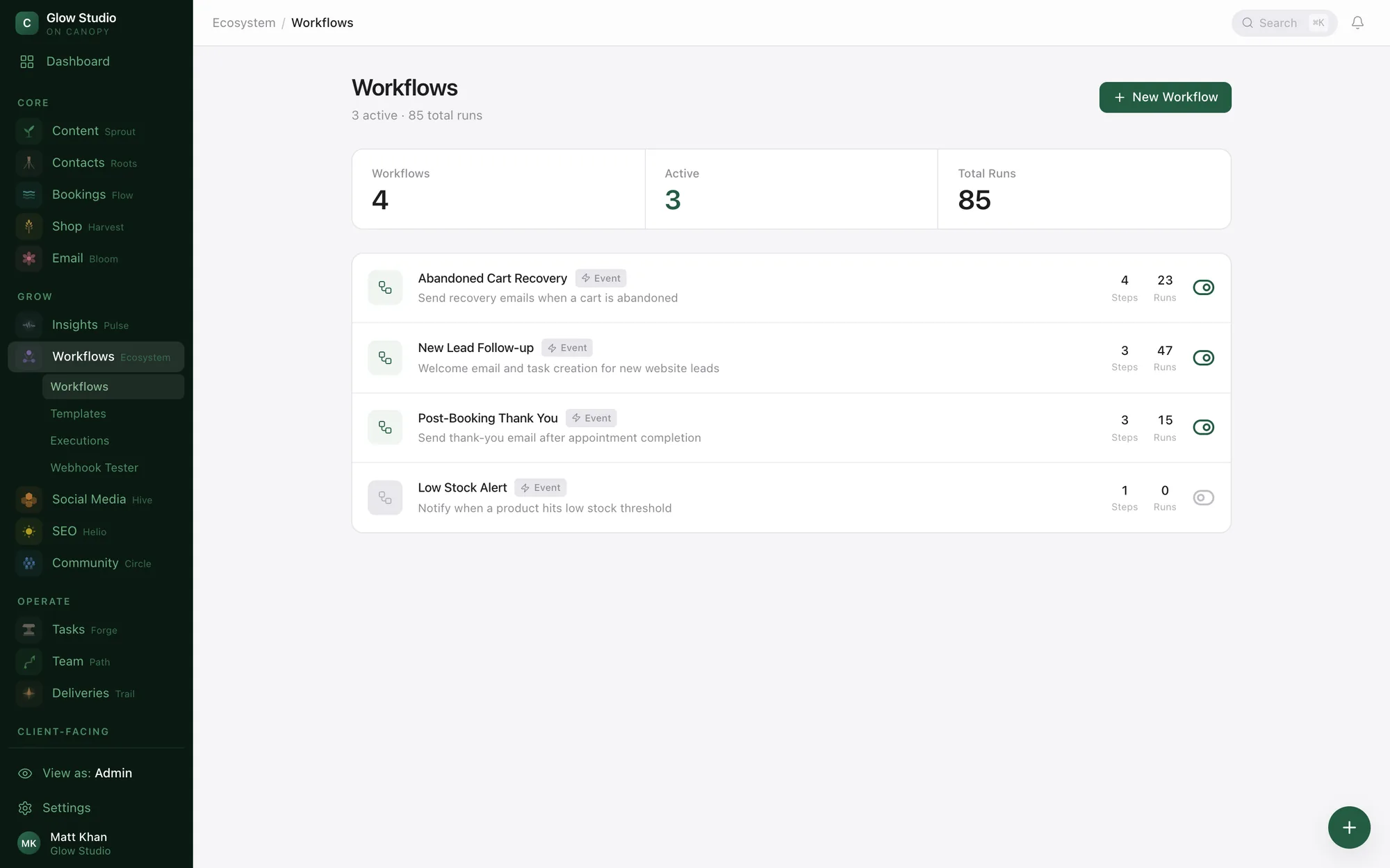Ecosystem automation workflows with run counts