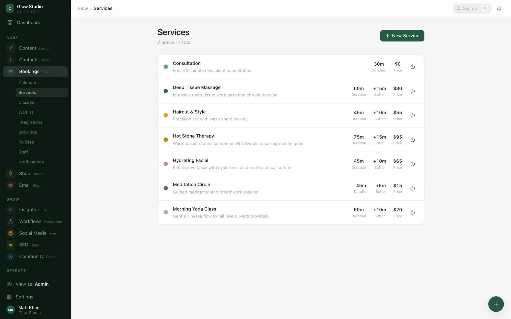Flow booking engine: services with durations and prices