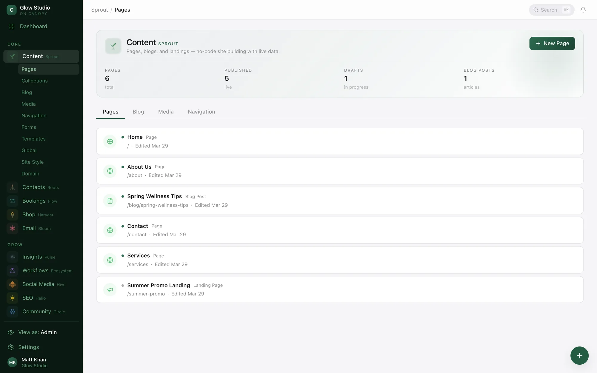 Sprout CMS listing pages, blog posts, and navigation with publish states