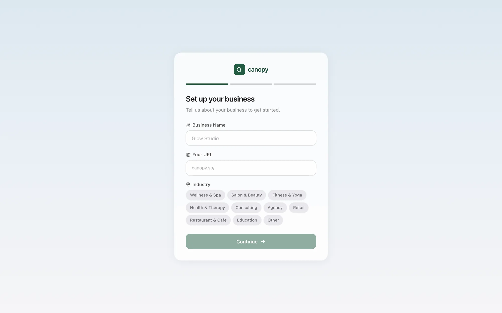 Onboarding: a single calm 'Set up your business' card with industry chips