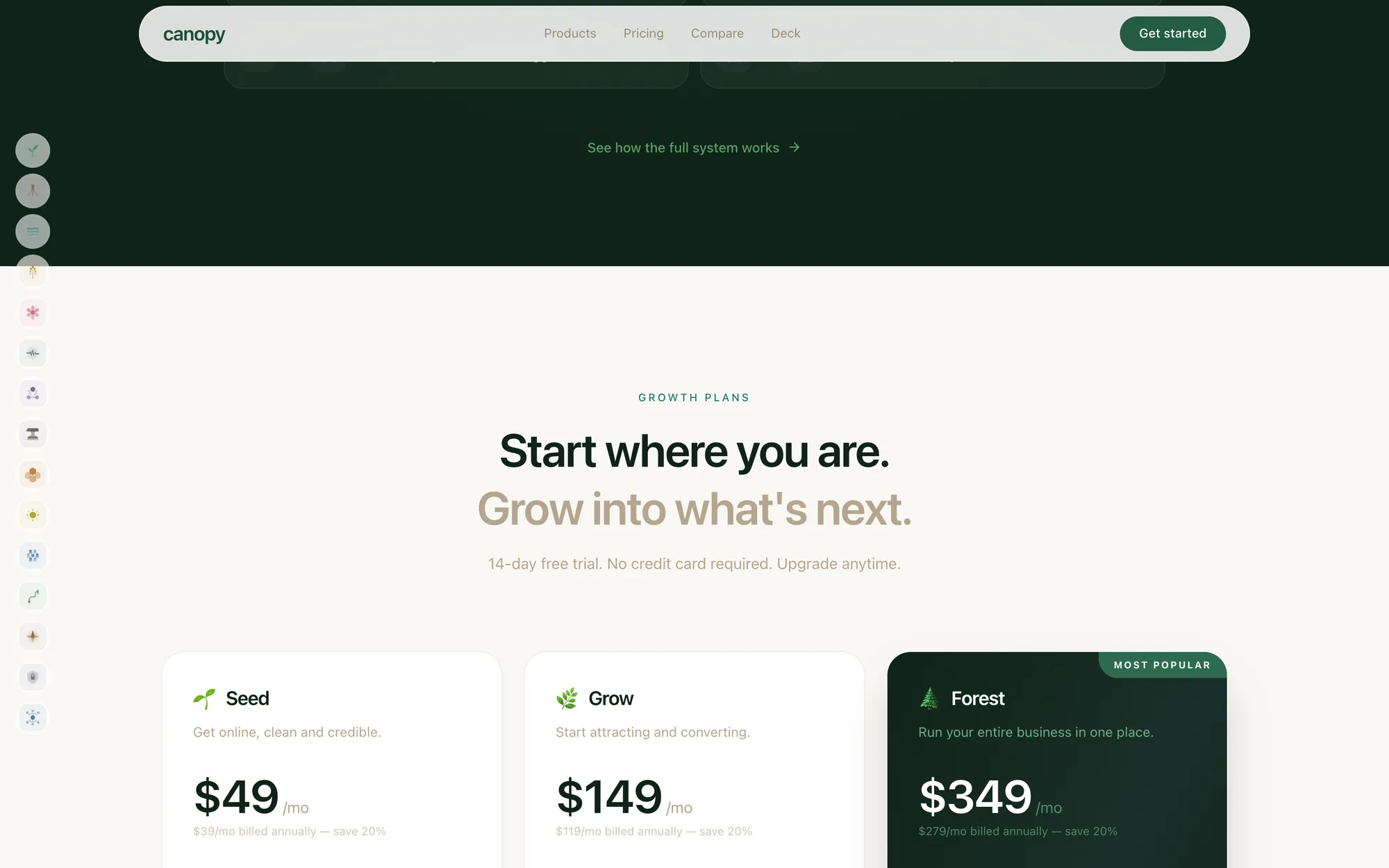 Canopy pricing: Seed $49, Grow $149, Forest $349 tier cards