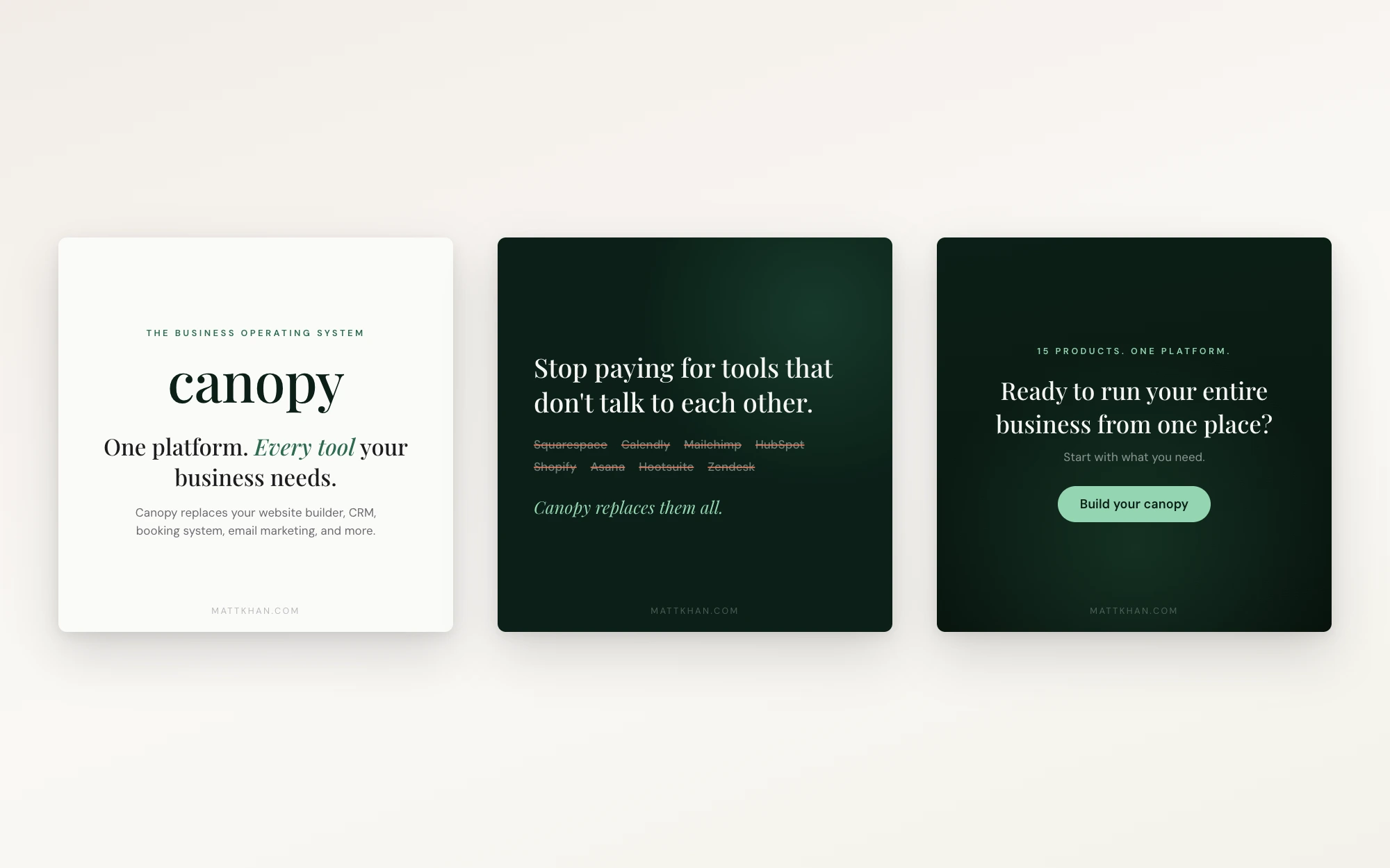 Three square Canopy social posts: hero wordmark, 'Stop paying for tools that don't talk to each other' with struck-through competitor names, and 'Ready to run your entire business from one place?' CTA