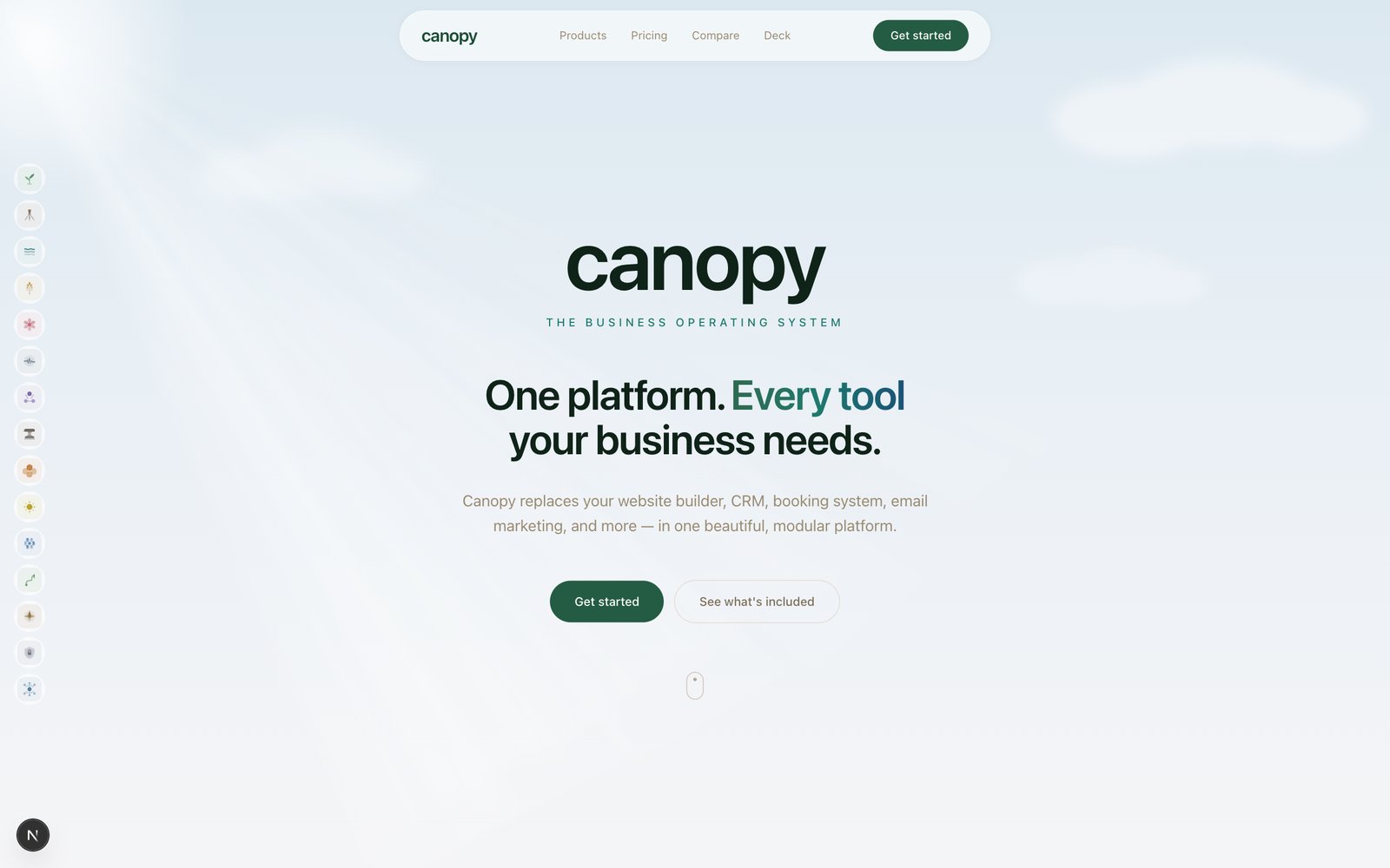 Canopy landing hero: 'One platform. Every tool your business needs.' with fifteen engine icons along the left edge