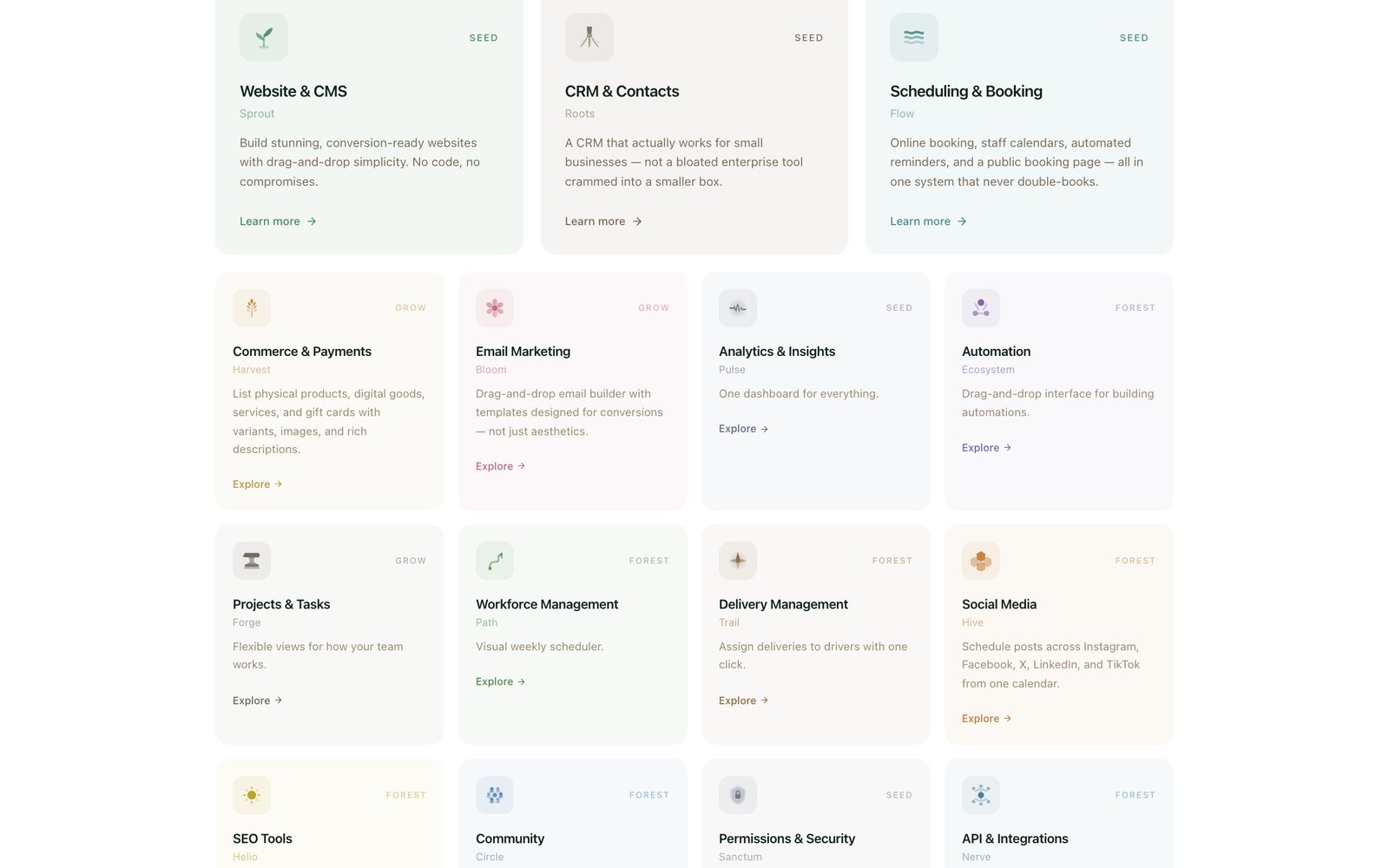 Canopy engines grid: Website & CMS, CRM, Scheduling, Commerce, Email, Analytics, Automation and more, each tagged with its tier