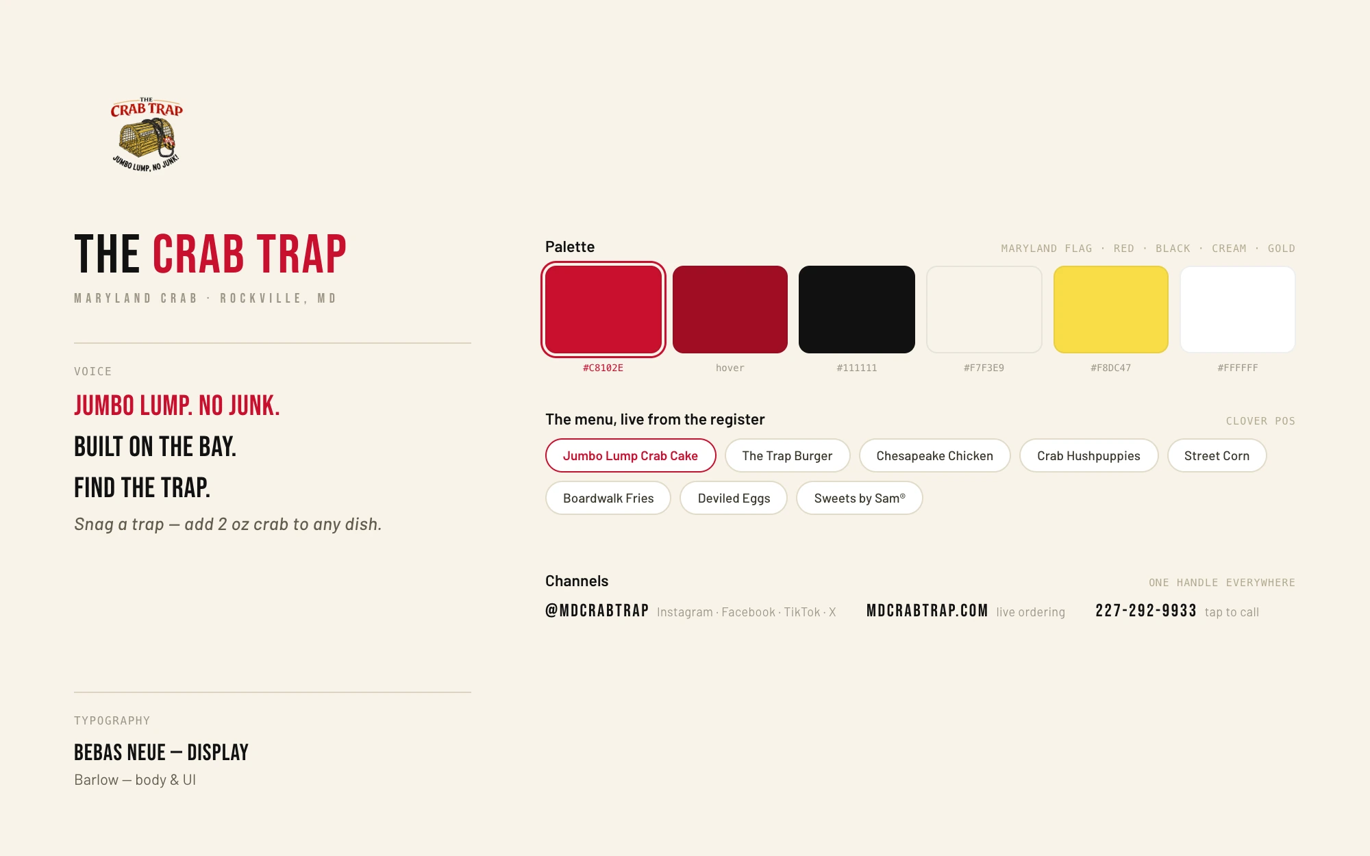 Crab Trap brand sheet: badge logo, voice lines, Maryland flag palette with hex values, live menu chips, and channel lockups