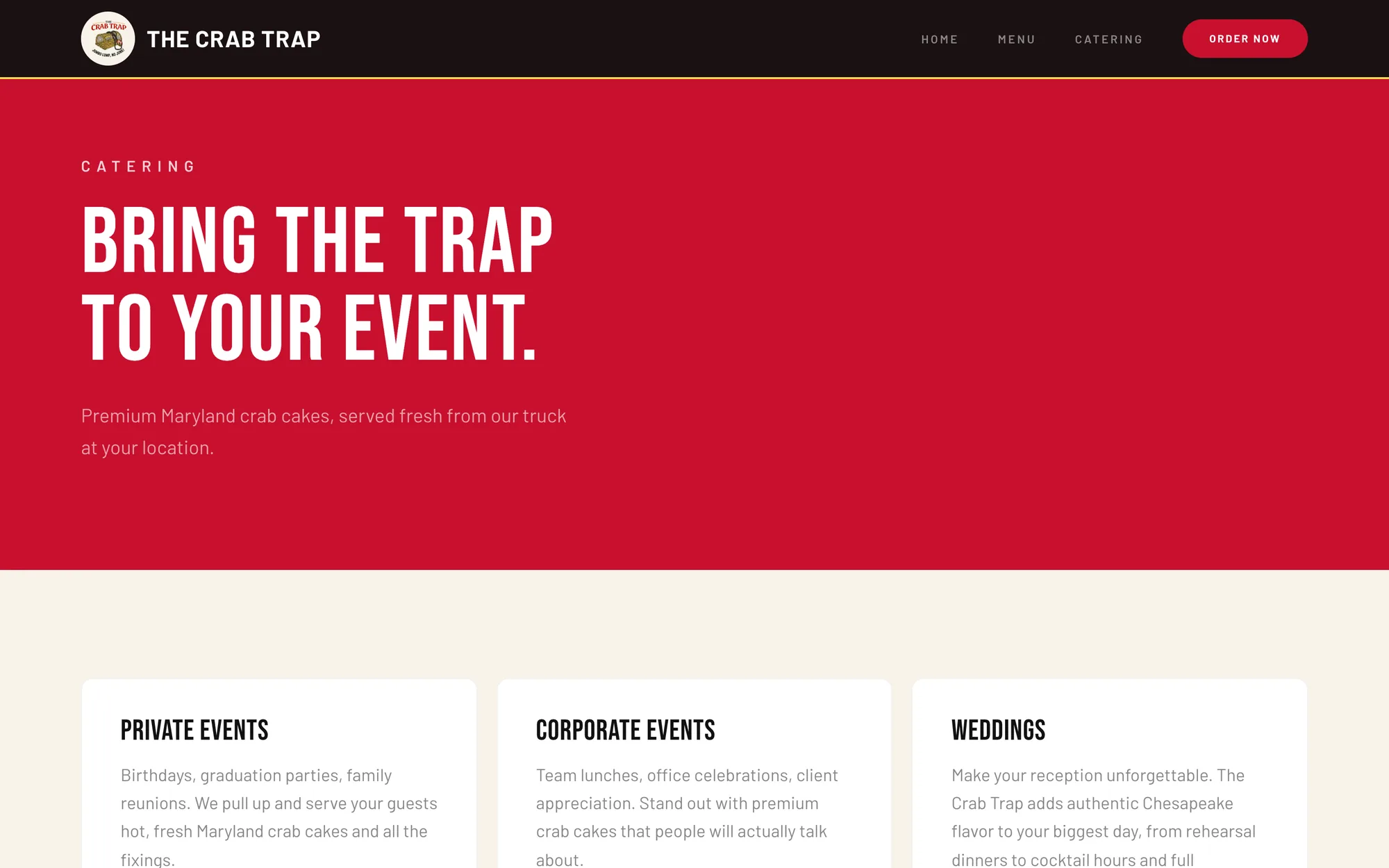 Catering page with event packages and request form