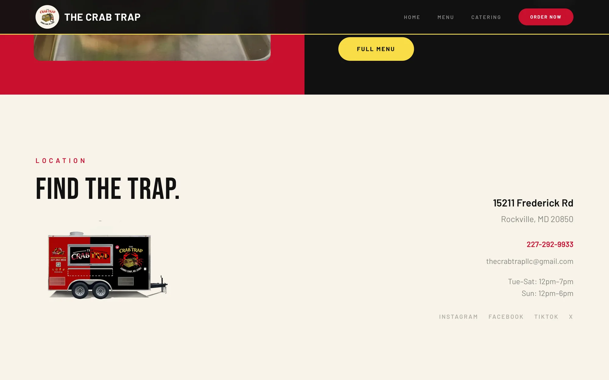 'Find the Trap' section with address, hours, phone, and truck photo