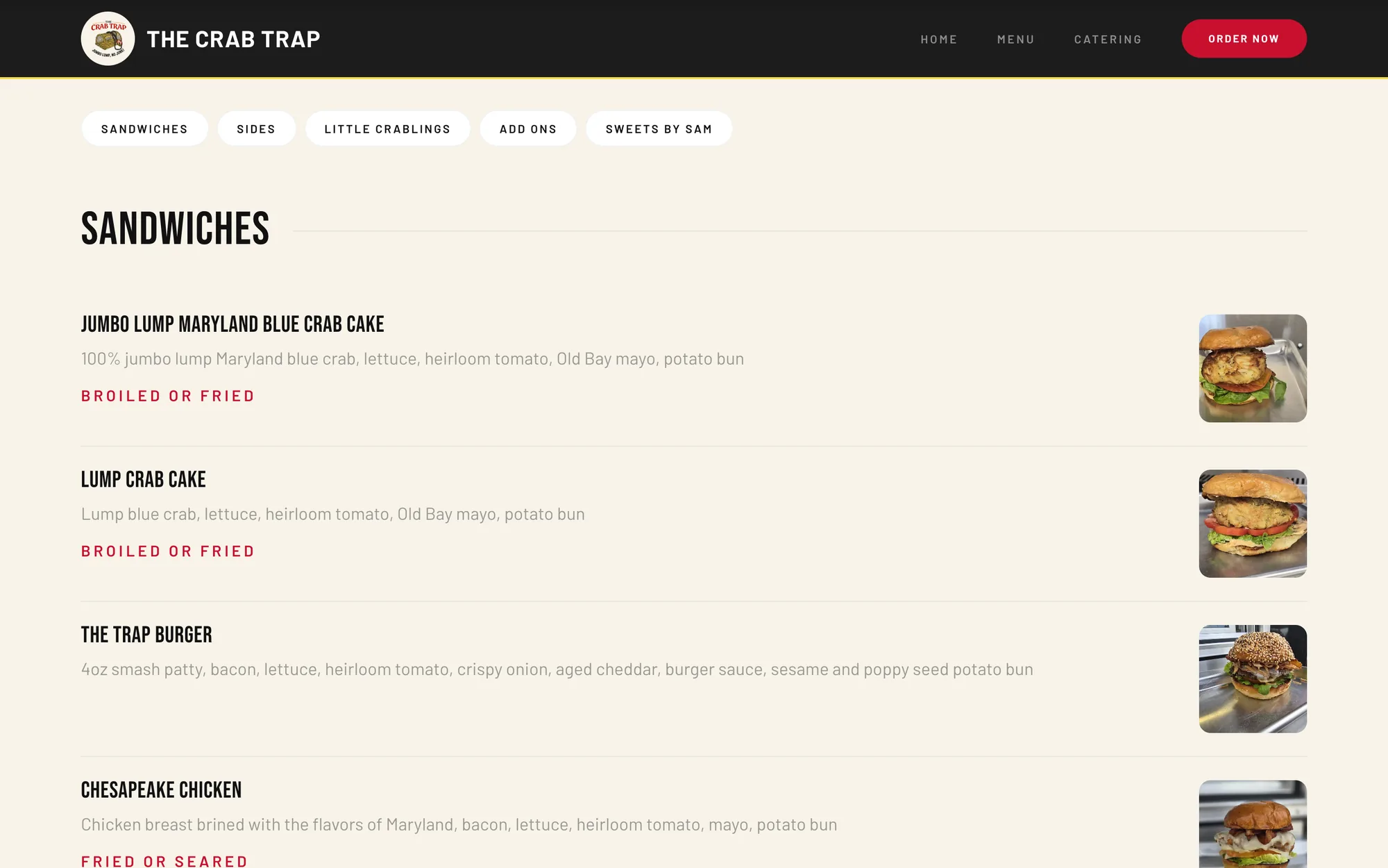 Menu page with category chips and menu rows with prices and photos