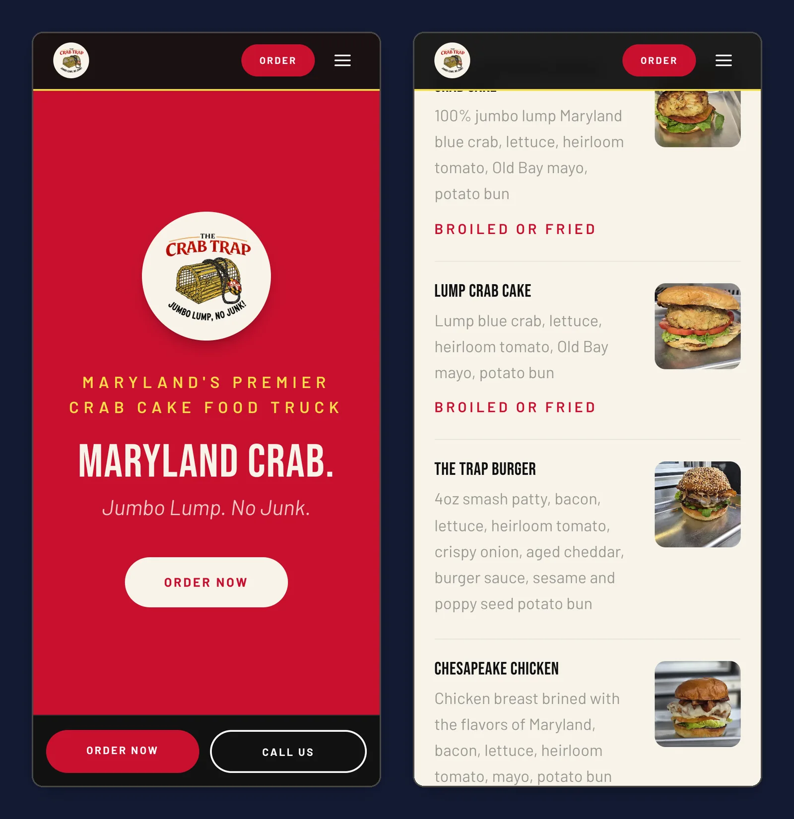 Mobile homepage with pinned Order/Call bar beside the mobile menu