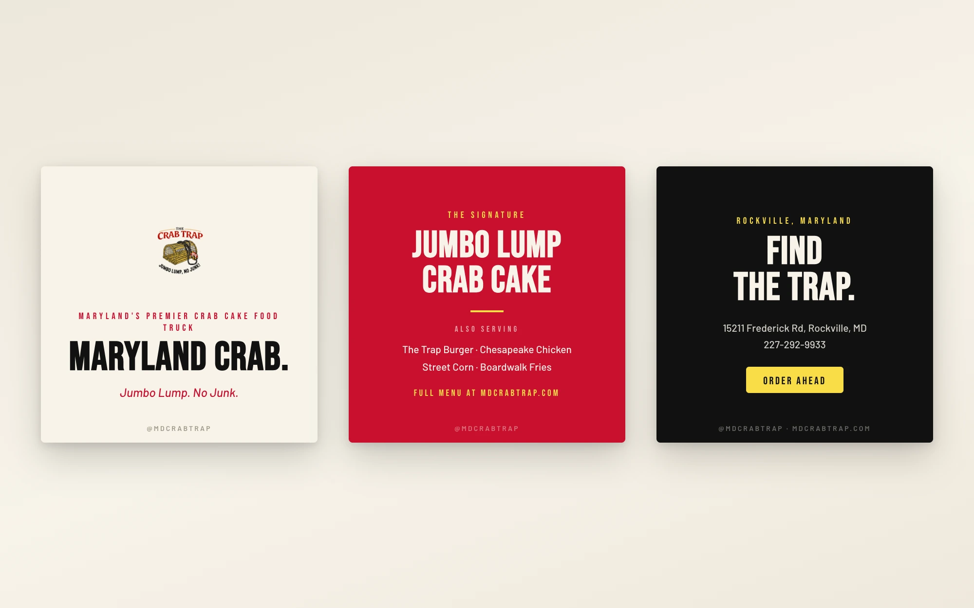 Three square Crab Trap social post templates: cream hero with badge and 'Maryland Crab.', red signature menu post, black 'Find The Trap.' post with Order Ahead button