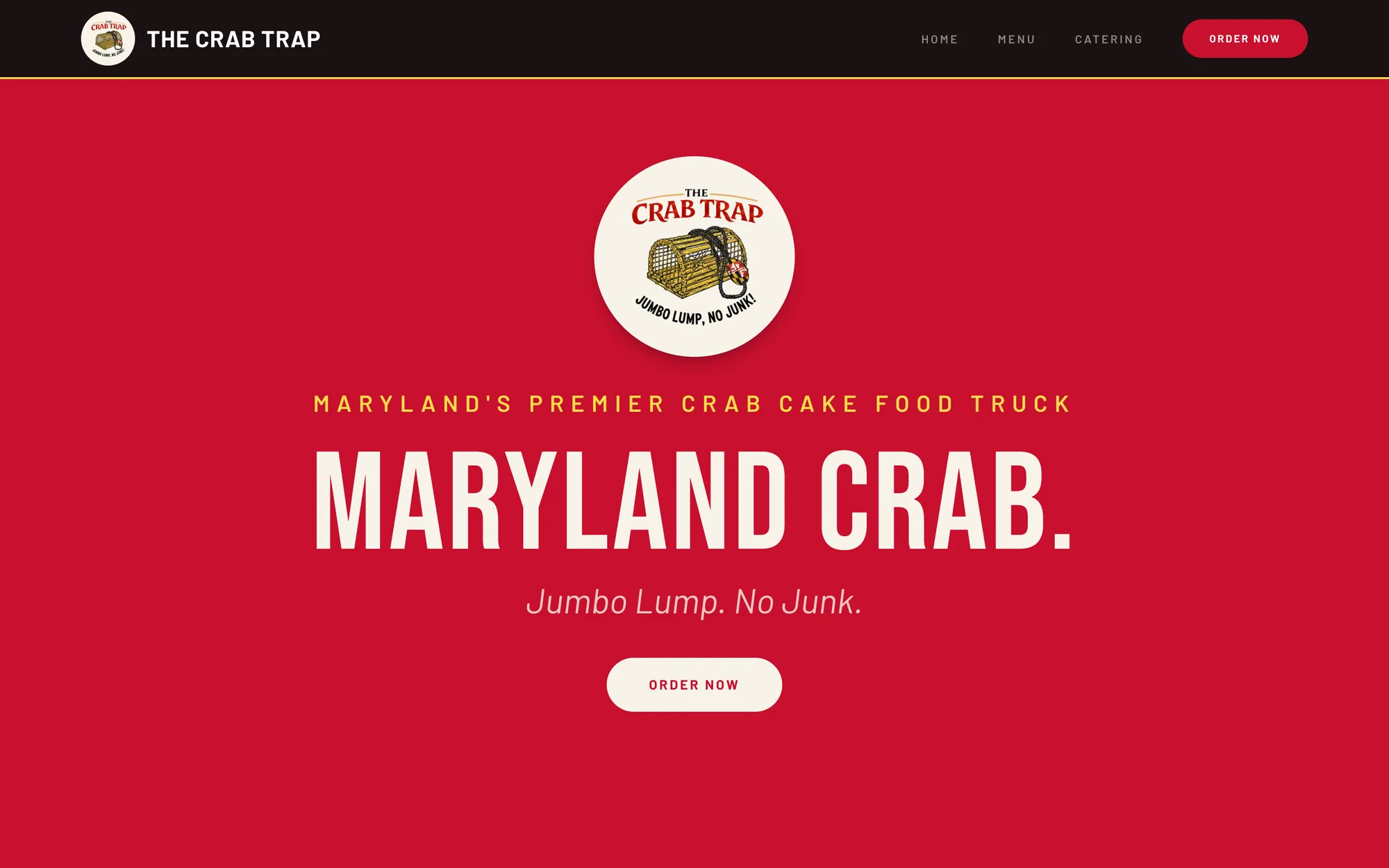 mdcrabtrap.com hero: 'Maryland's Premier Crab Cake Food Truck' in red, cream, and gold