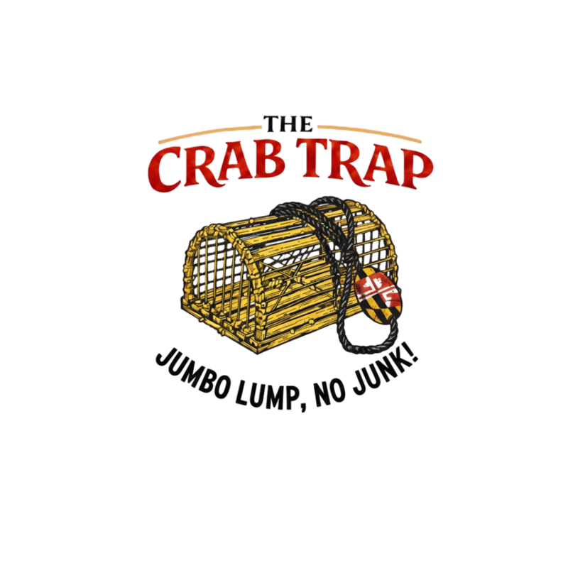 Final Crab Trap logo: circular cream badge with an illustrated blue crab