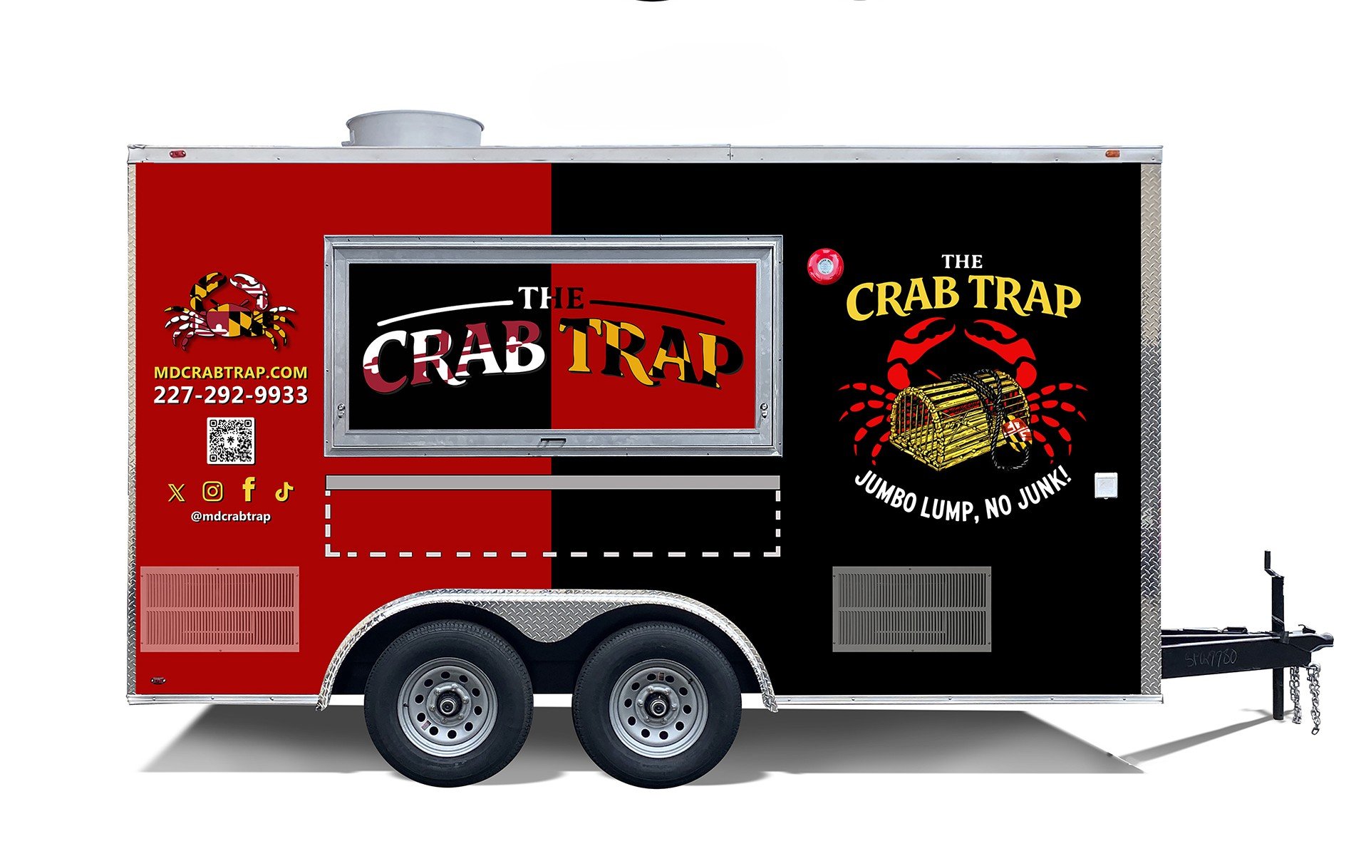 The Crab Trap food truck in its red, black, and cream livery