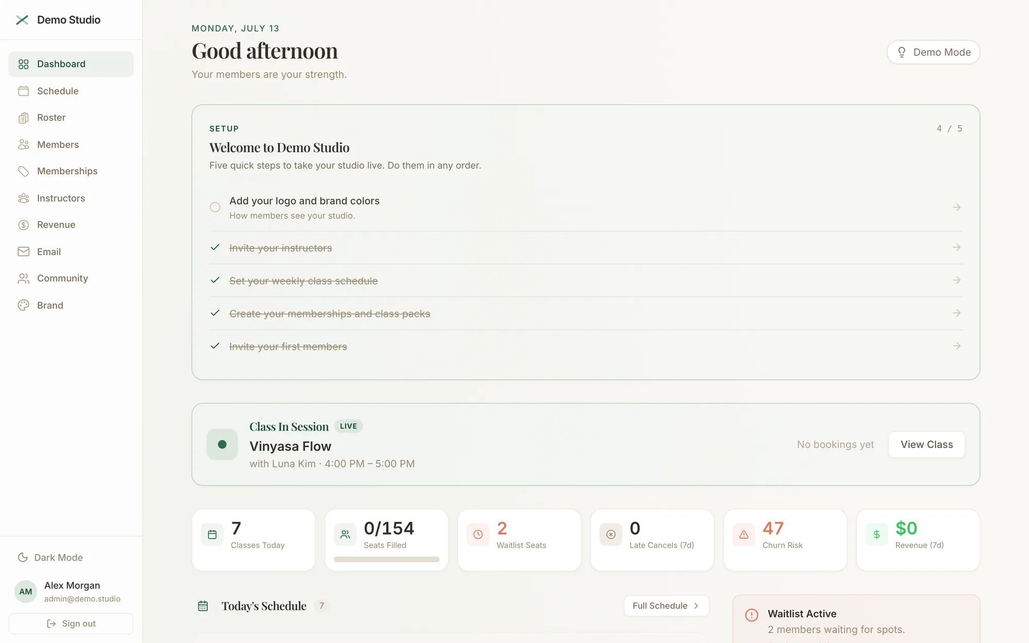 FlowOS admin dashboard: setup checklist, today's schedule, KPIs, action queue with waitlist alert