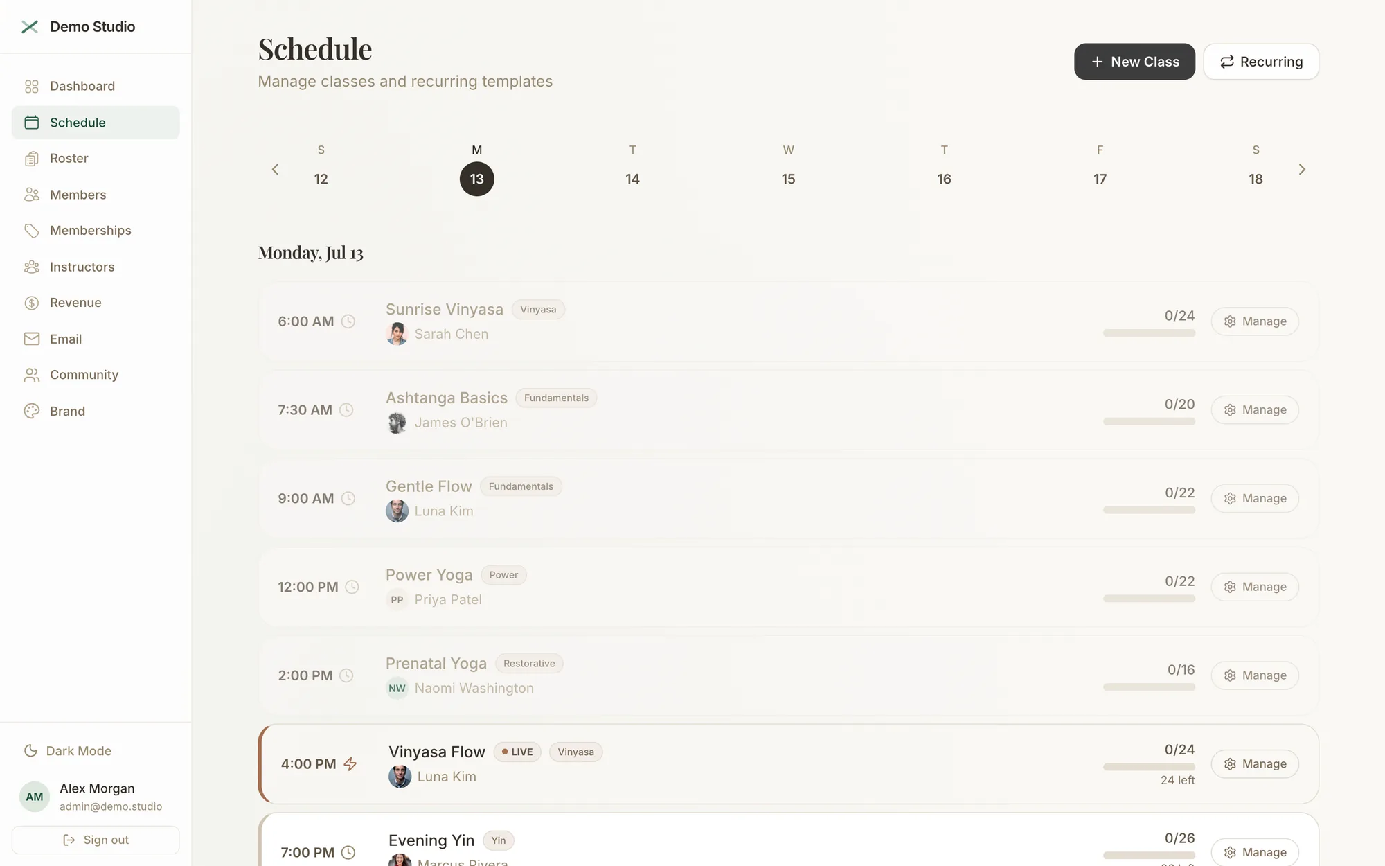 Weekly calendar of class instances generated from recurring templates