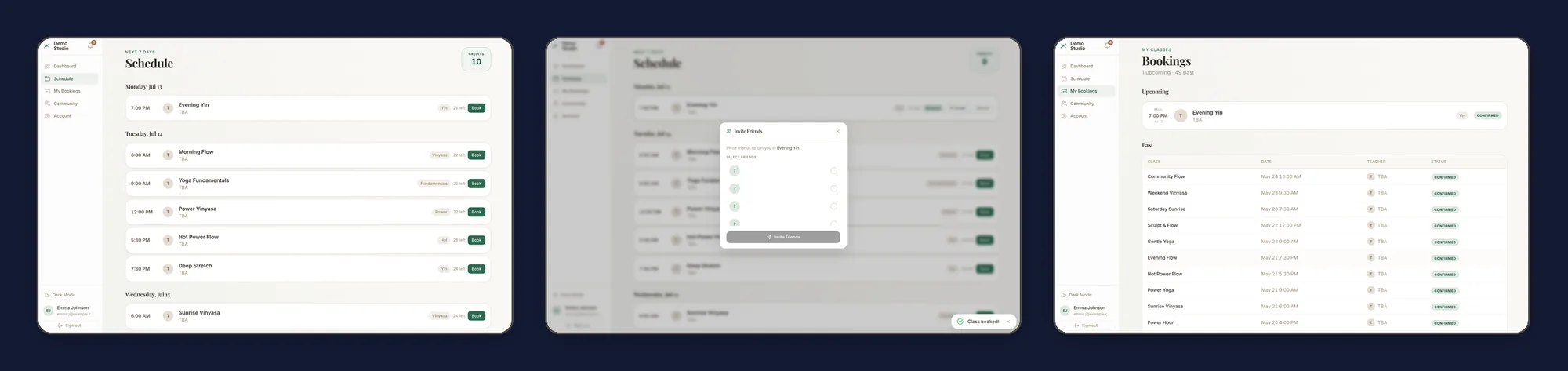 Three states of the member booking flow: schedule, booking confirmation with success toast and invite-friends dialog, updated bookings list