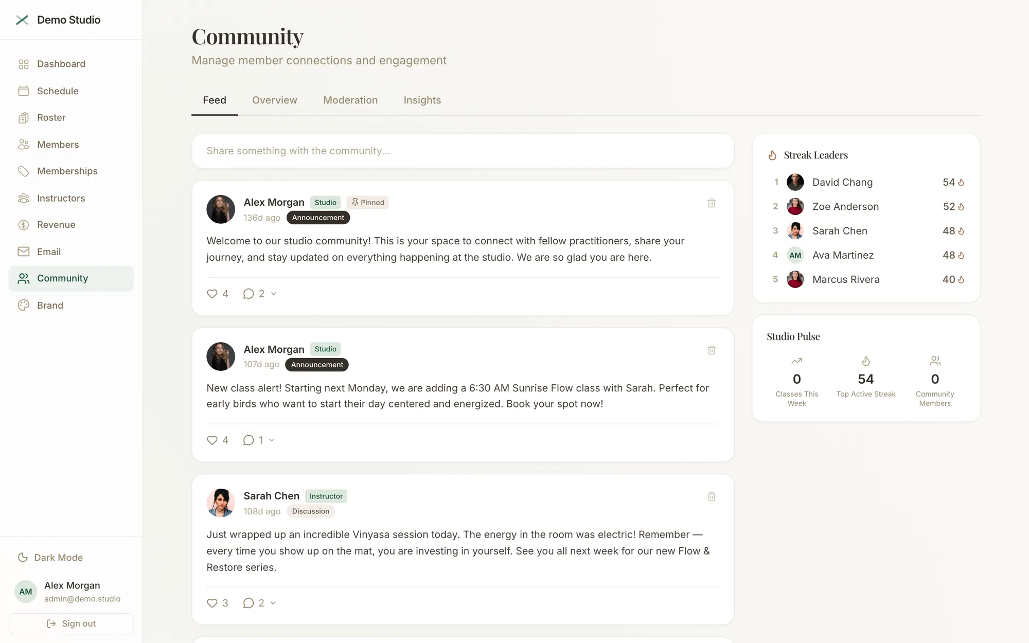 Community feed with moderation controls, streak leaders, studio pulse