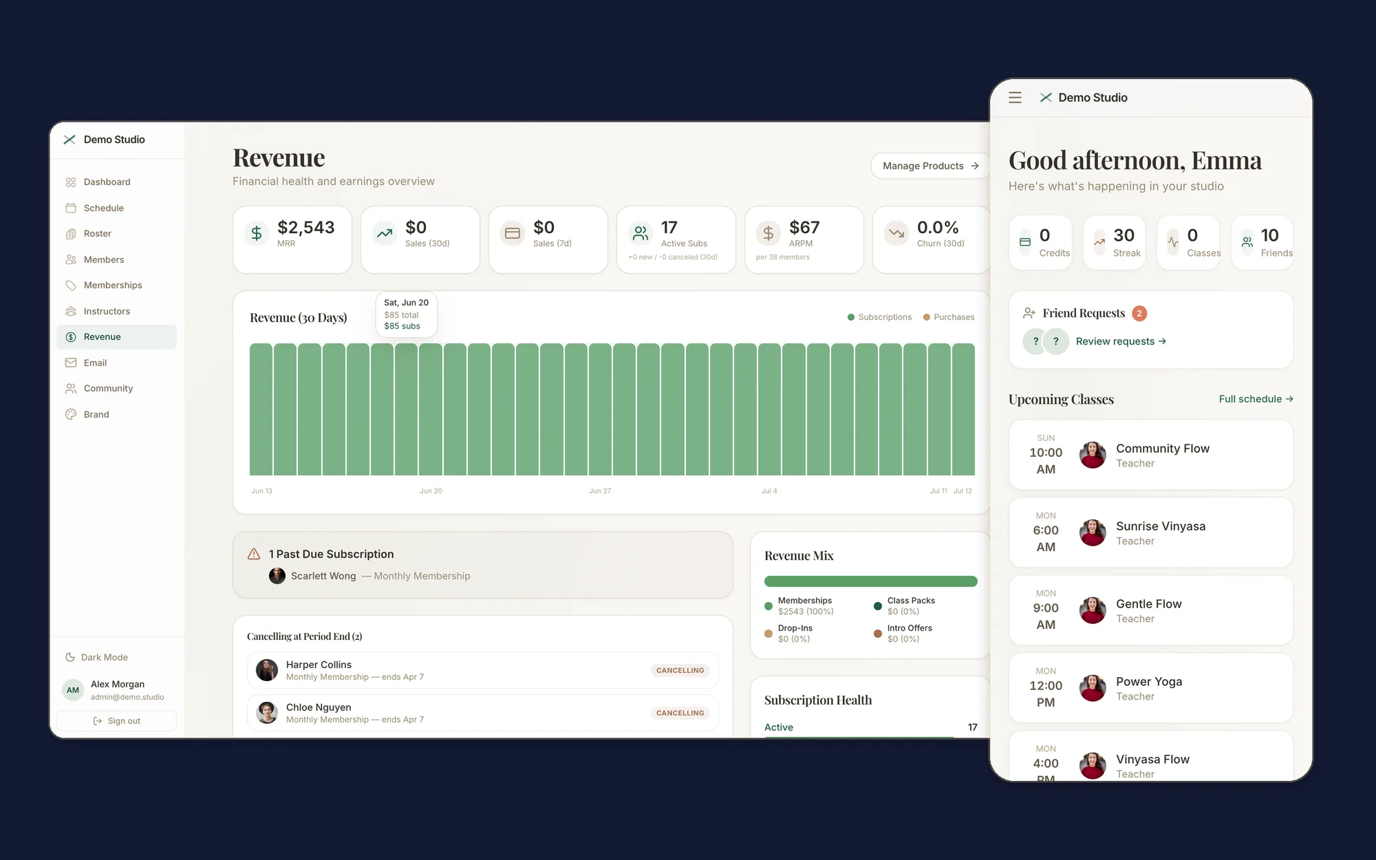 FlowOS as two real surfaces: the owner's revenue dashboard beside the member's mobile app