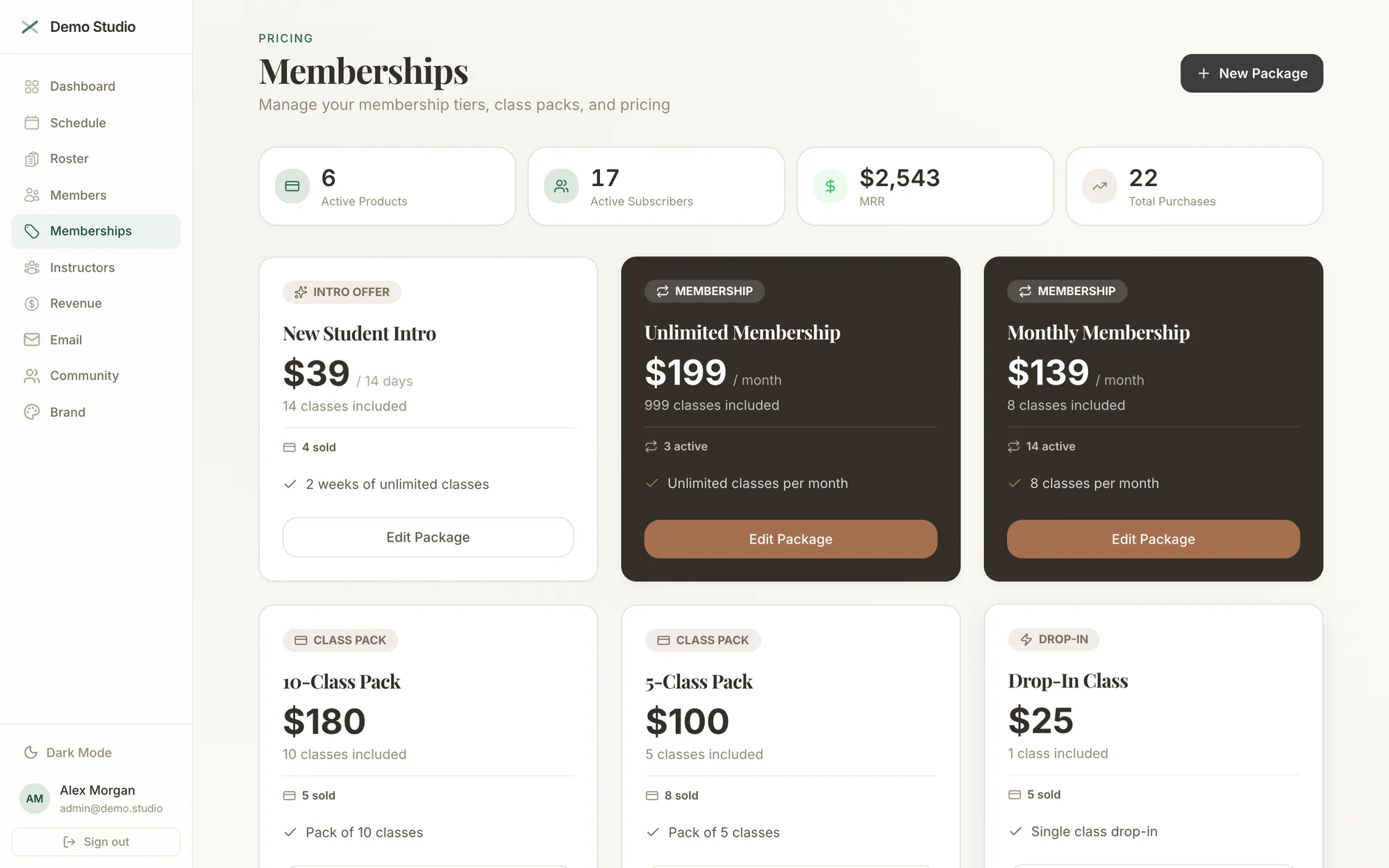 Membership and pricing products: memberships, class packs, drop-ins