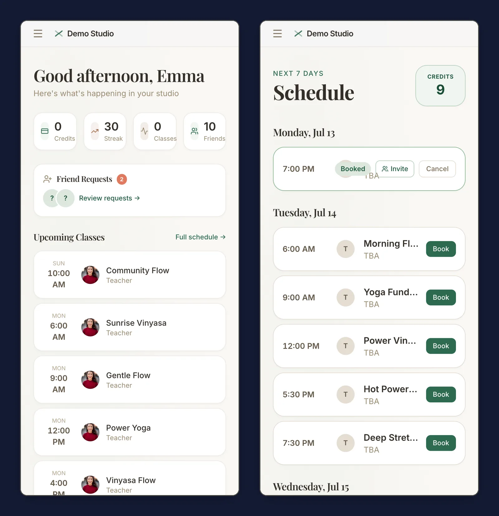 Member dashboard and seven-day schedule at phone size