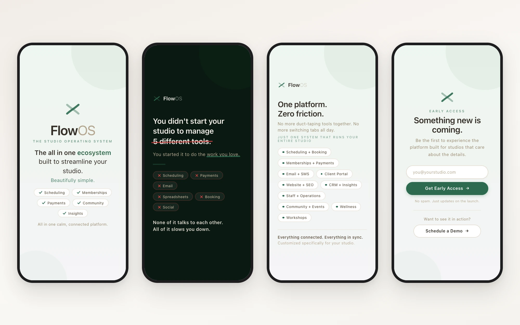 Four slides of the FlowOS promo swipe deck at phone size: cover, problem, one platform, early access