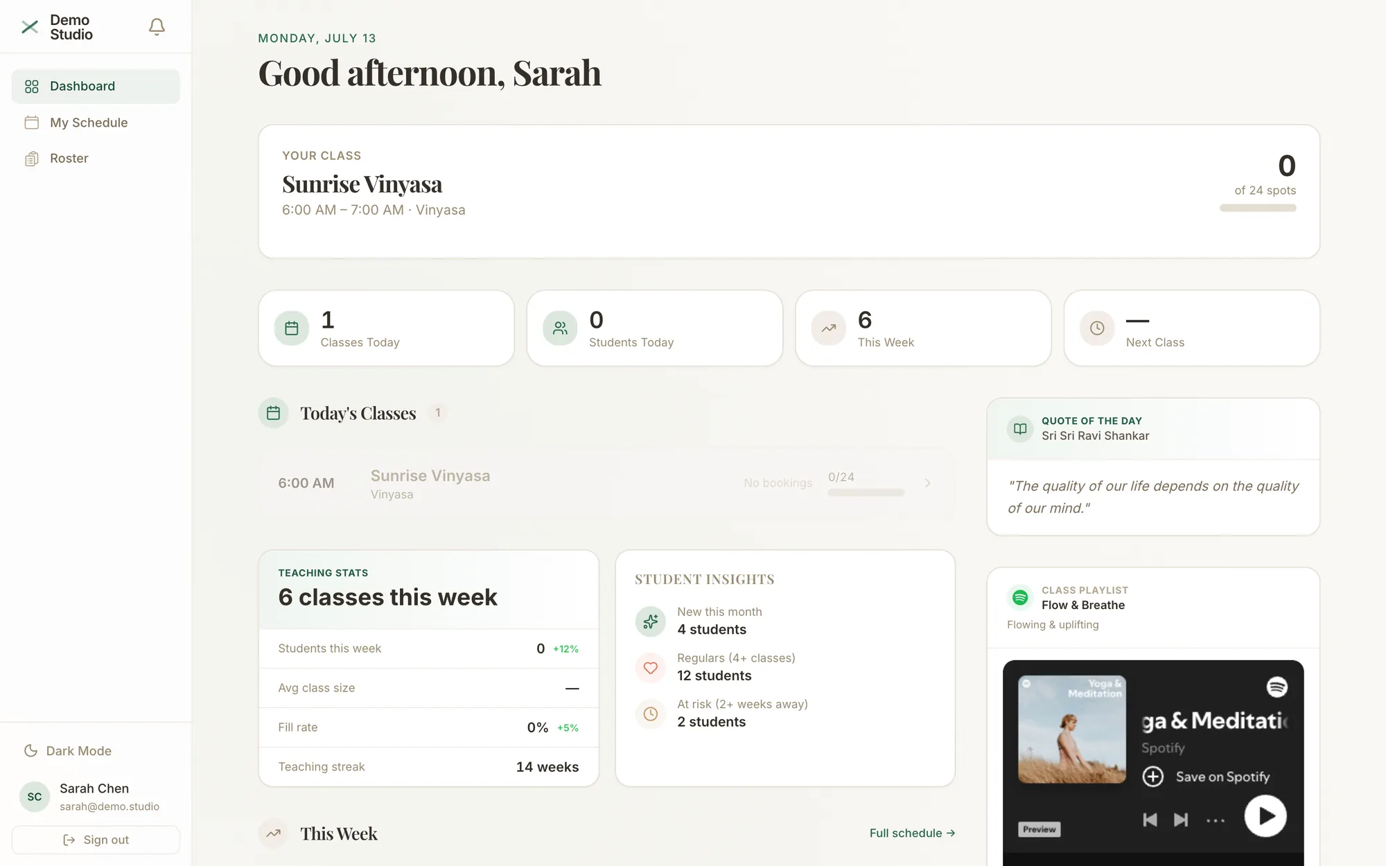 Teacher dashboard: today's classes, teaching stats, class playlist