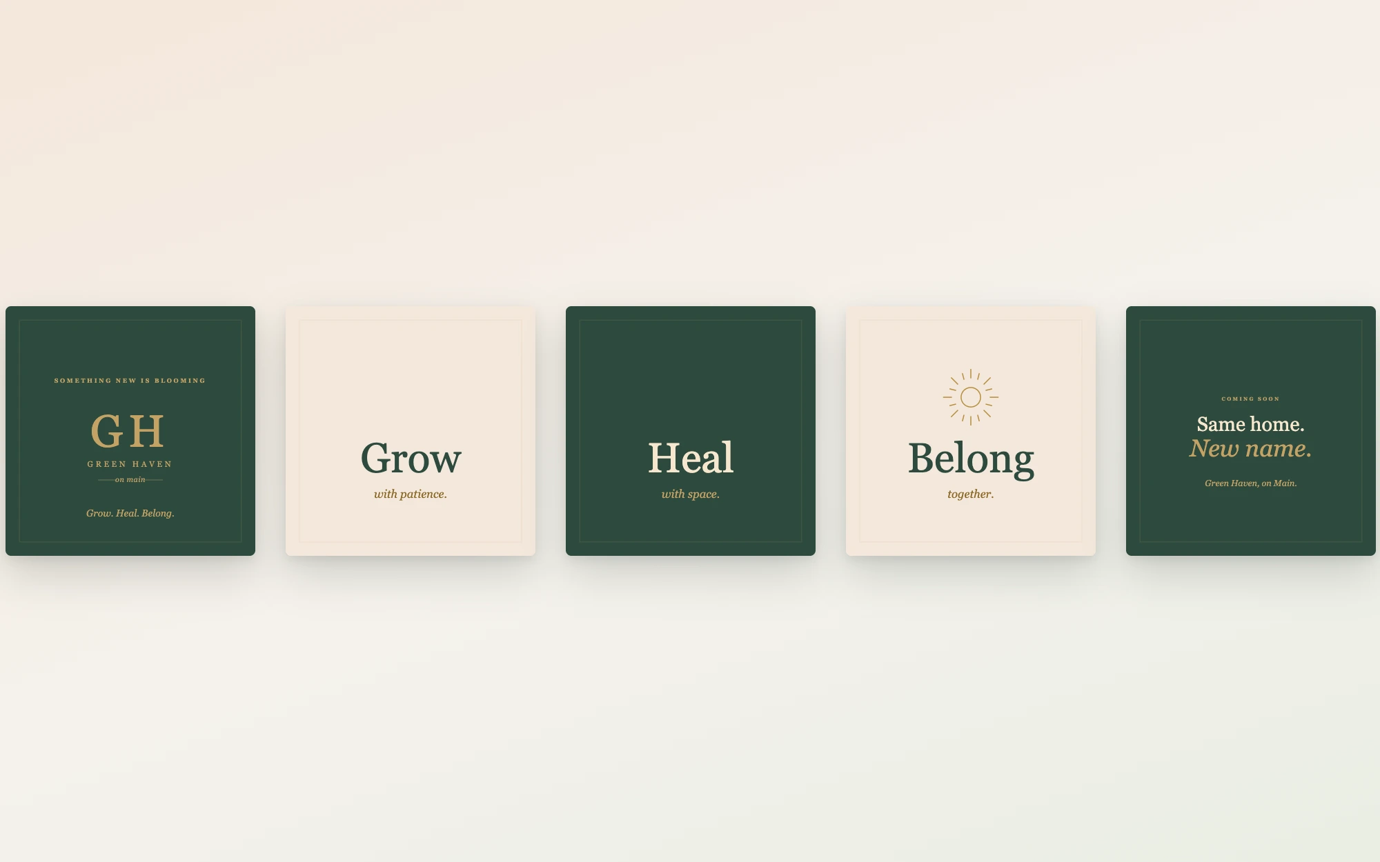 Five Earth Day teaser slides: GH monogram 'Something new is blooming', Grow with patience, Heal with space, Belong together, Same home. New name.