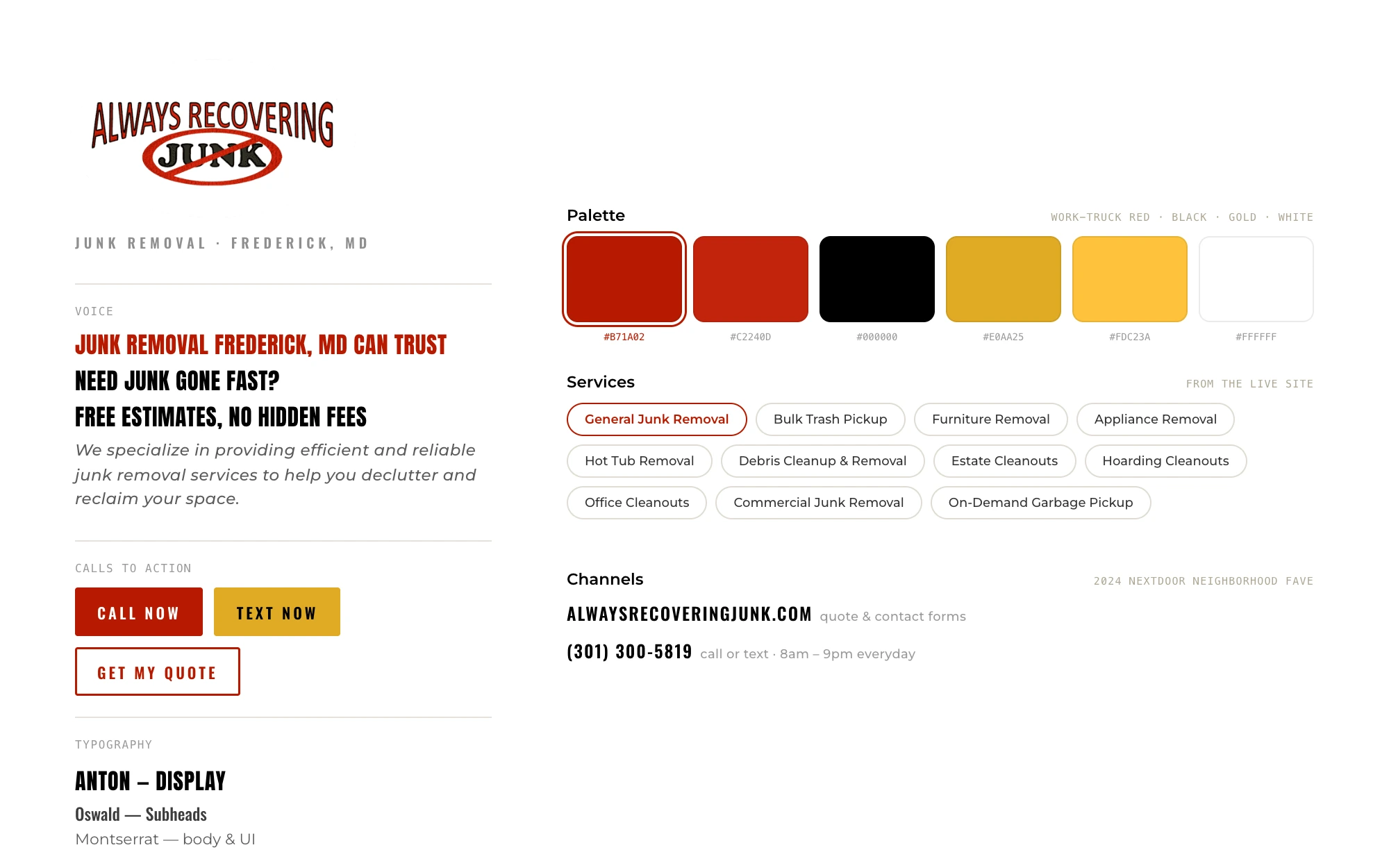 Always Recovering Junk brand system sheet: the hand-lettered logo, voice lines, real call-to-action buttons, a red-black-gold-white palette with hex values, the full services list as chips, and the site and phone channels