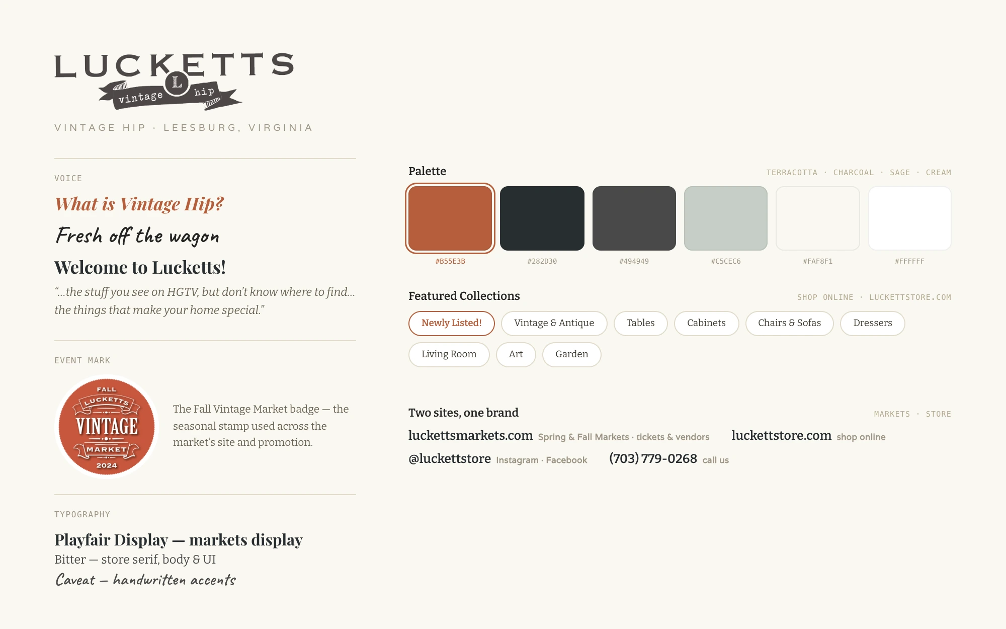 Lucketts brand system sheet: the vintage hip wordmark, voice lines, Fall Vintage Market badge, terracotta-charcoal-sage-cream palette swatches, featured collections, and the two site addresses