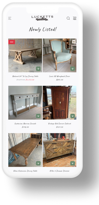 Lucketts Store on a phone: the Newly Listed! grid with handwritten product names and prices under the Lucketts vintage hip logo