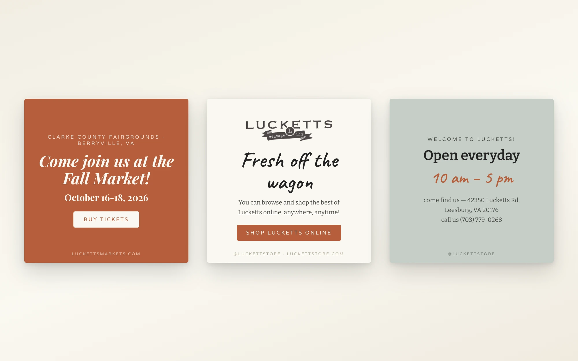 Three square social post templates in the Lucketts brand: a terracotta Fall Market announcement, a cream Fresh off the wagon store post with the logo, and a sage visit-us post with address and hours
