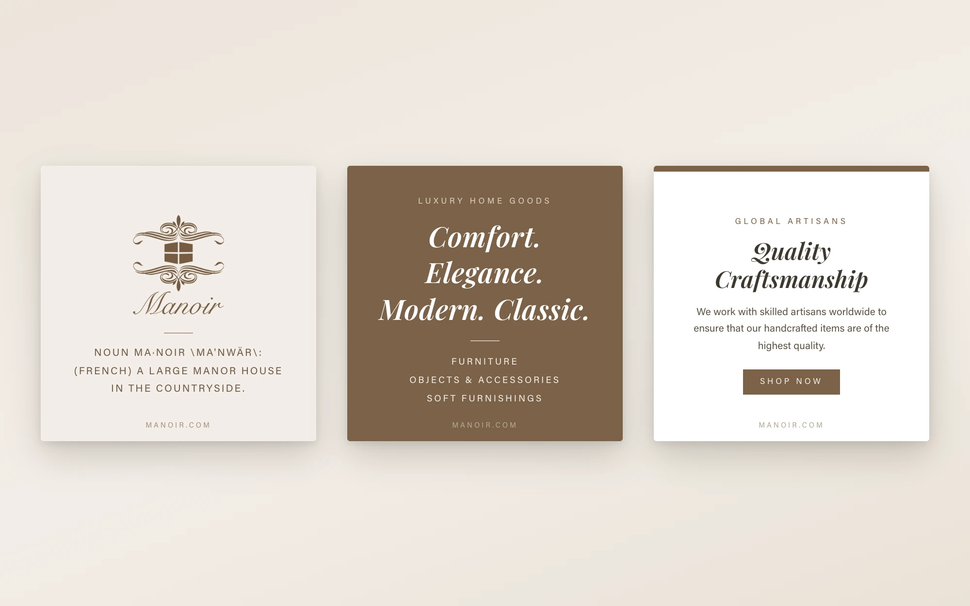 Three square social post templates set in the Manoir brand — definition line, hero tagline, and Global Artisans story