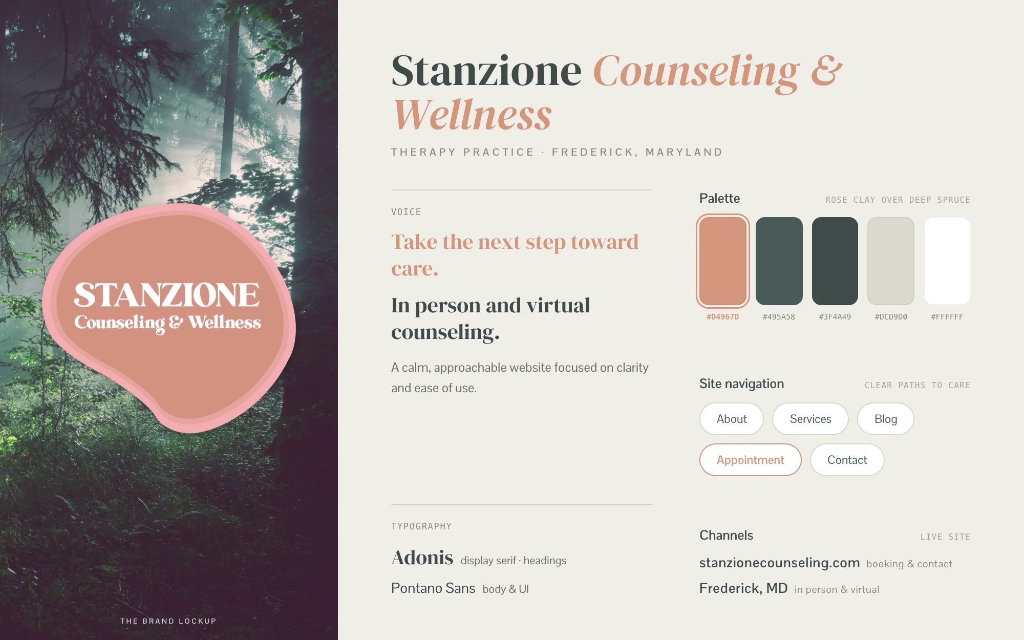 Stanzione Counseling and Wellness brand system sheet: the blob logo lockup over forest photography, voice lines, a rose clay and deep spruce palette with hex values, Adonis and Pontano Sans typography spec, and site navigation chips