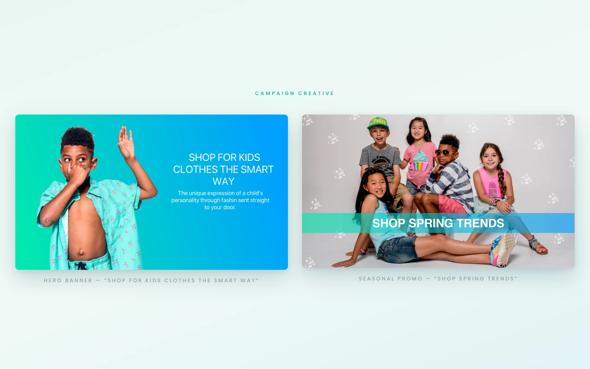 Real Stylistic Me campaign creative — the Shop for kids clothes the smart way hero banner and the Shop Spring Trends seasonal promo