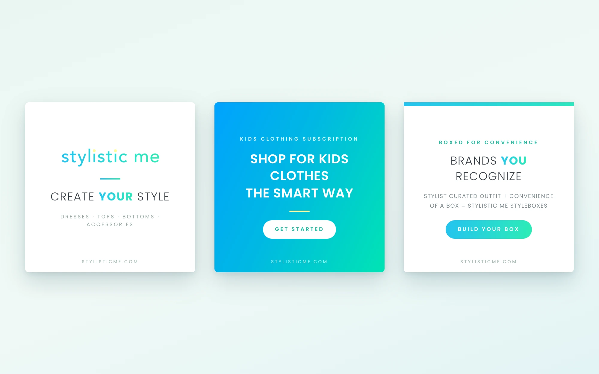 Three square social post templates set in the Stylistic Me brand — Create YOUR Style, Shop for kids clothes the smart way, and Brands YOU Recognize