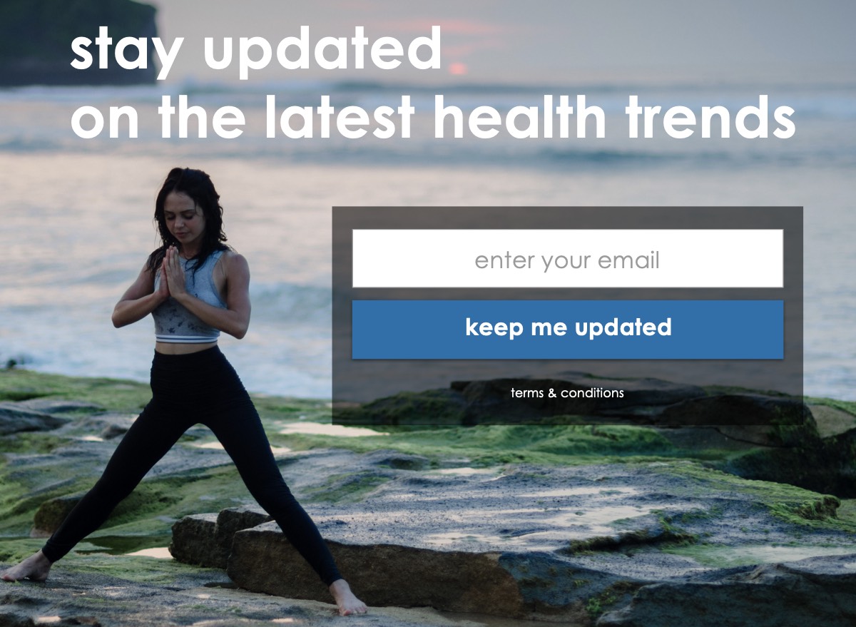 Theralogix email-capture design: 'stay updated on the latest health trends' over a coastal photo, with an email field and a 'keep me updated' button