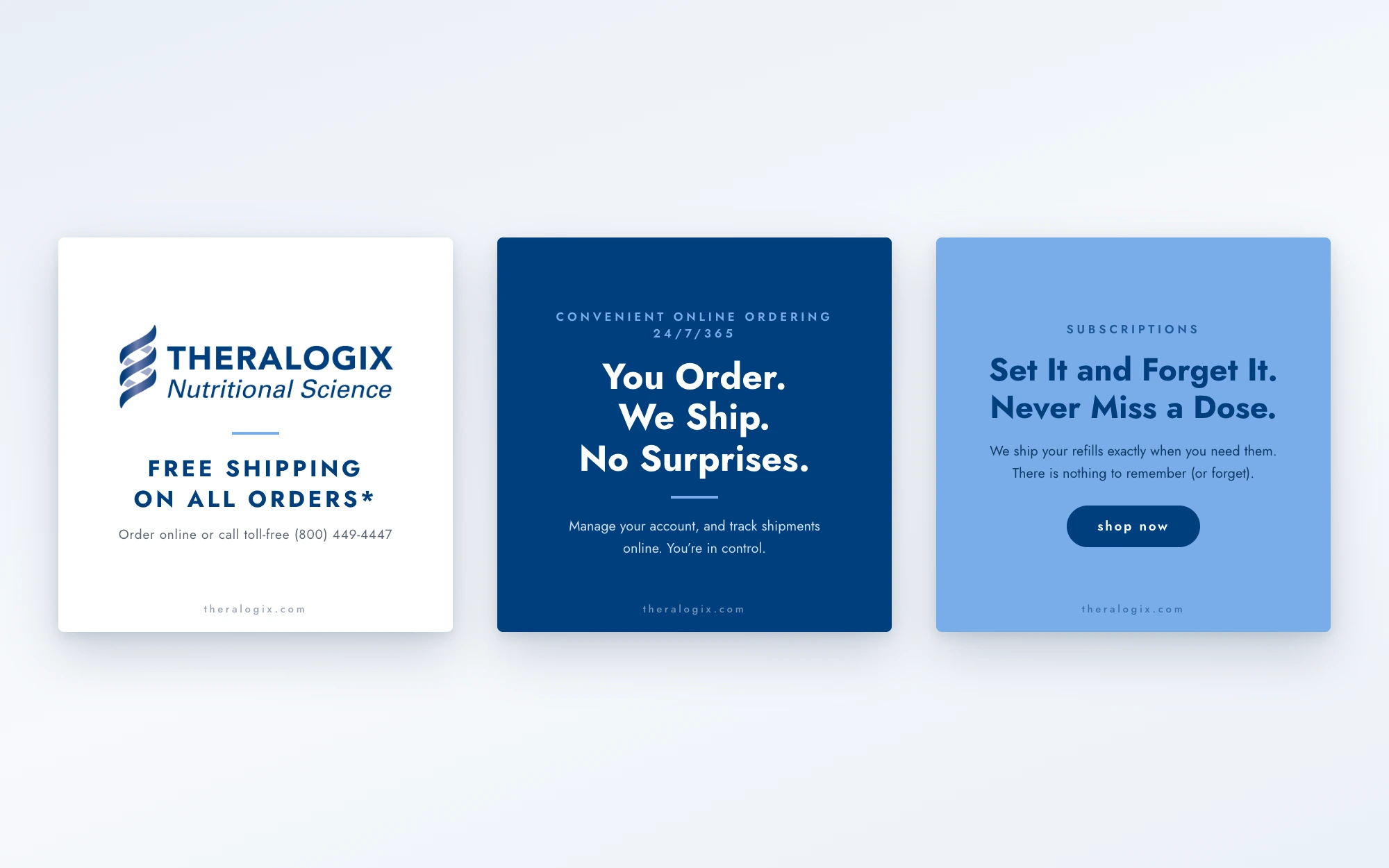 Three square social post templates in the Theralogix brand: the logo with 'Free Shipping On All Orders*', a navy 'You Order. We Ship. No Surprises.' card, and a periwinkle 'Set It and Forget It. Never Miss a Dose.' card