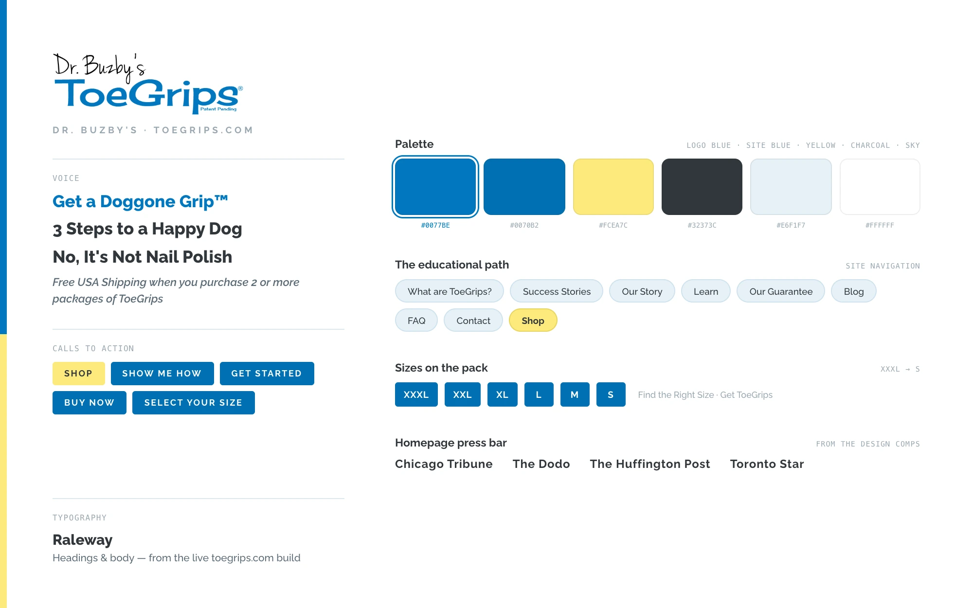 Dr. Buzby's ToeGrips brand system sheet: the real logo, voice lines, palette swatches with hex values, site navigation chips, pack sizes XXXL through S, and the homepage press bar names