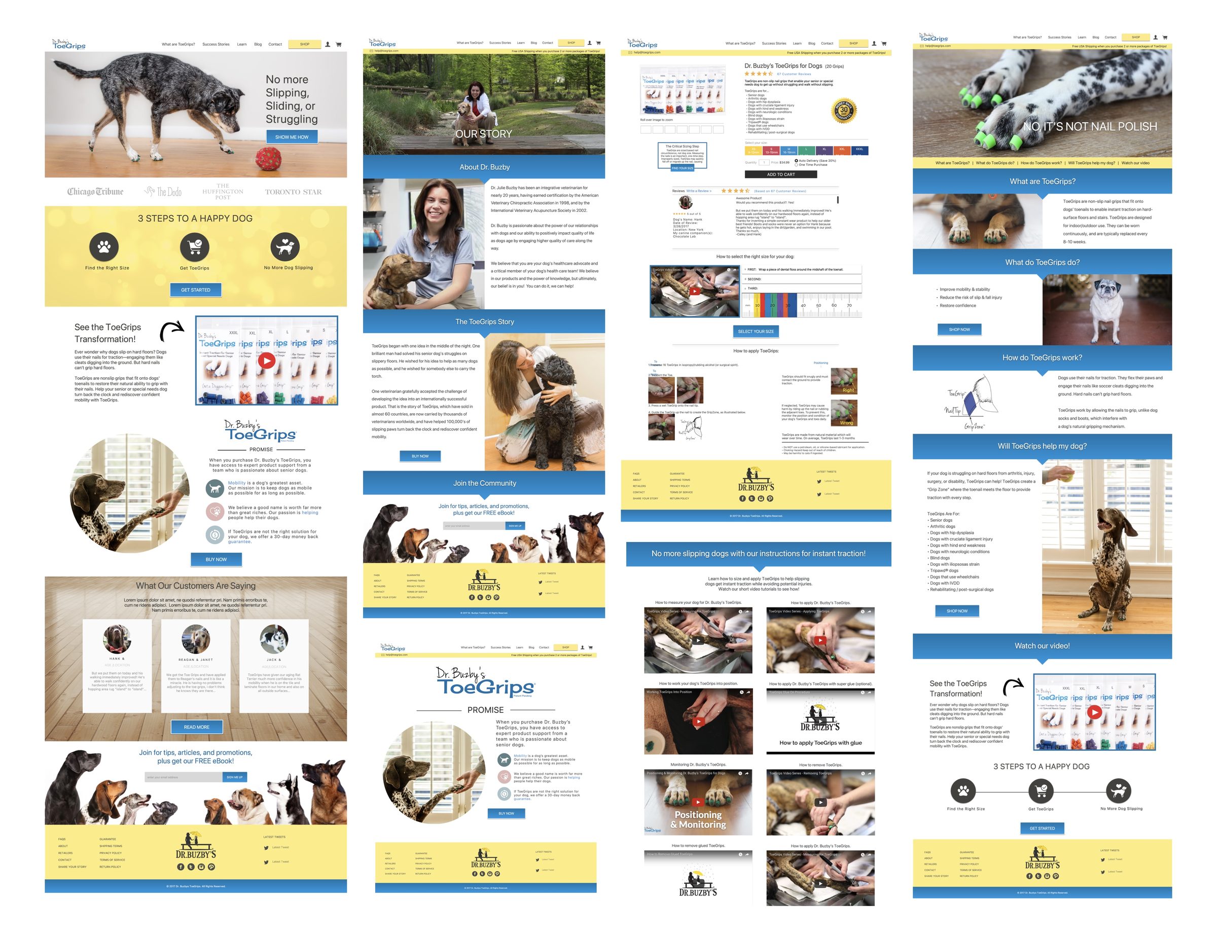 Four full-page ToeGrips design boards: homepage, Our Story, product page, and the What are ToeGrips education page