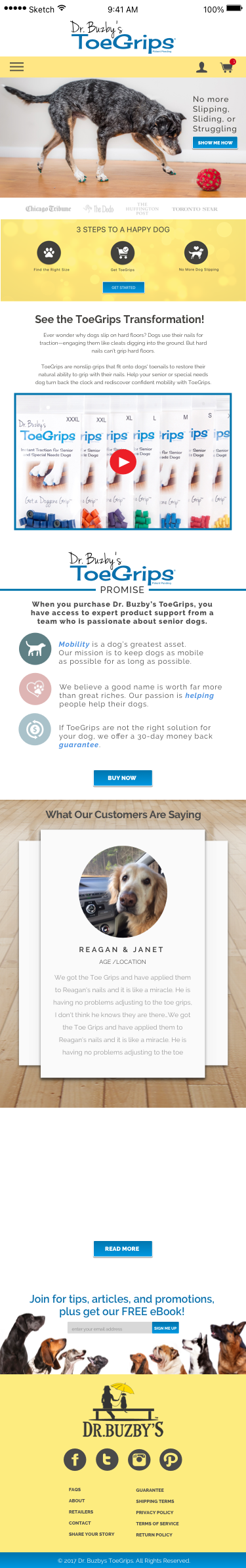 ToeGrips mobile homepage design shown at phone width, from the hero through the yellow footer
