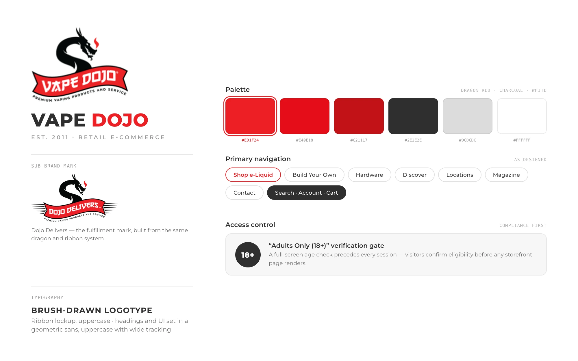 Vape Dojo brand system sheet: the dragon-and-ribbon logo, the Dojo Delivers sub-brand mark, palette swatches with hex values, primary navigation chips, and the 18+ age-verification gate note