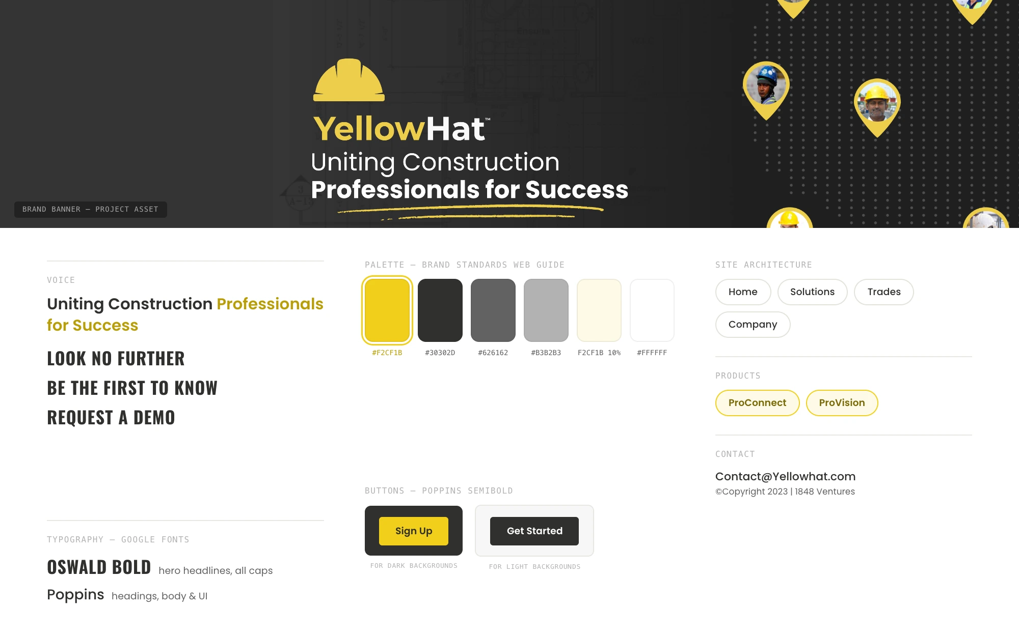 YellowHat brand system sheet — palette, typography, buttons, and site architecture