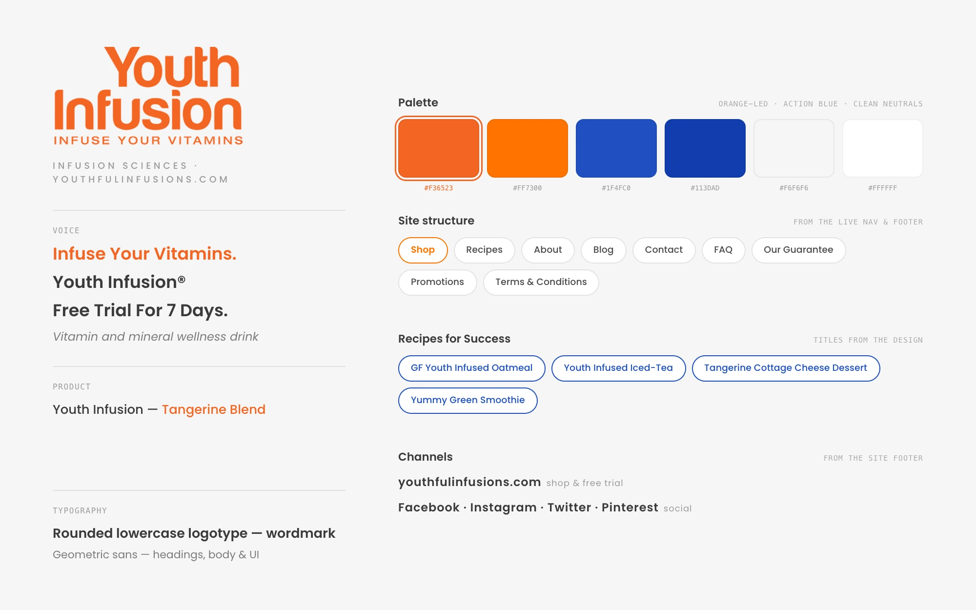 Youth Infusion brand system sheet: the orange wordmark with Infuse Your Vitamins tagline, voice lines, an orange-and-blue palette with hex values, site structure chips, recipe titles, and channel listings