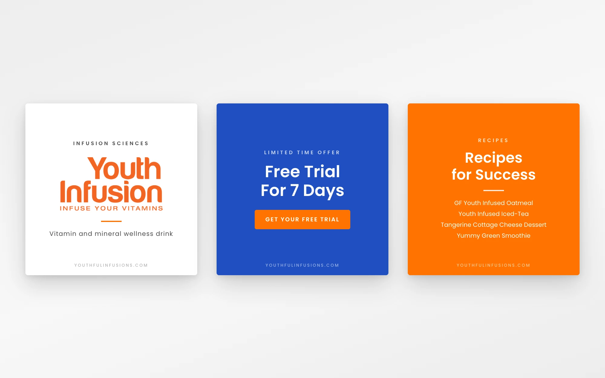 Three square social post templates in the Youth Infusion brand: the logo card with 'Vitamin and mineral wellness drink', a blue 'Free Trial For 7 Days' card, and an orange 'Recipes for Success' card listing recipe titles
